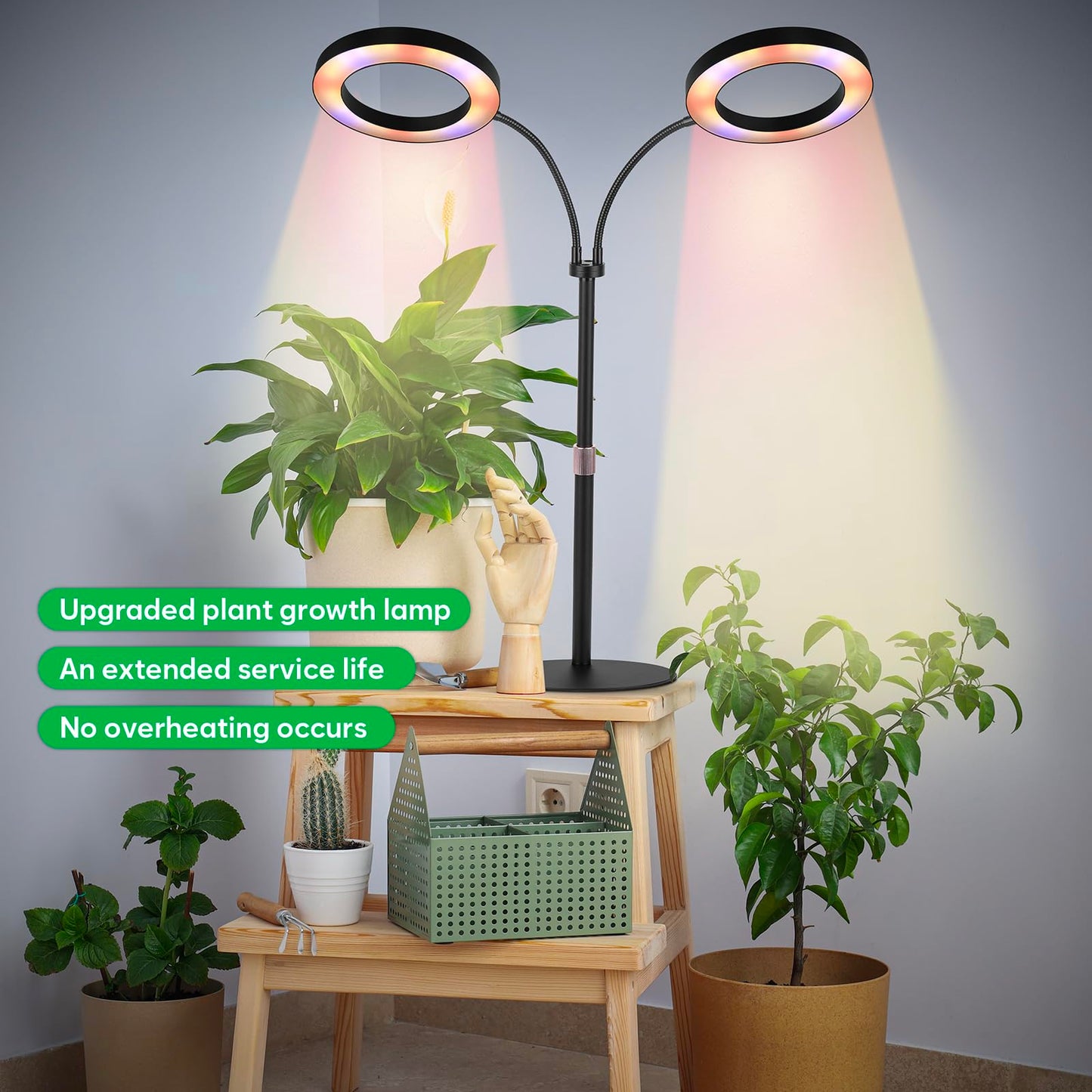 canvage Dual-Head Grow Lights for Indoor Plants, LED Full Spectrum Plant Lamp with Timer 3/9/12H, 10 Dimmable Levels, Flexible Gooseneck, Height Adjustable 14"-23" for House Plants & Seedlings