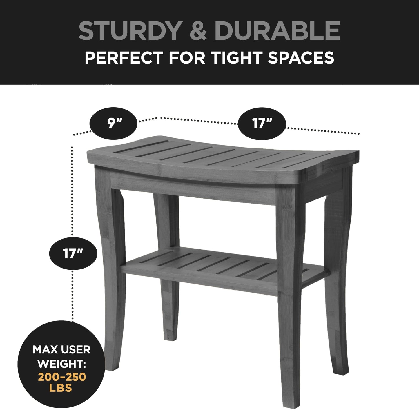 Grey Shower Bench - Small Wooden Shower Stool with Storage Shelf, Non-Slip Bathroom Seat, Spa Decor Bath Bench, Foot Rest Shaving Stool for Shower, Indoor Outdoor Use, Great Gift Idea (17" x 9 x 17)