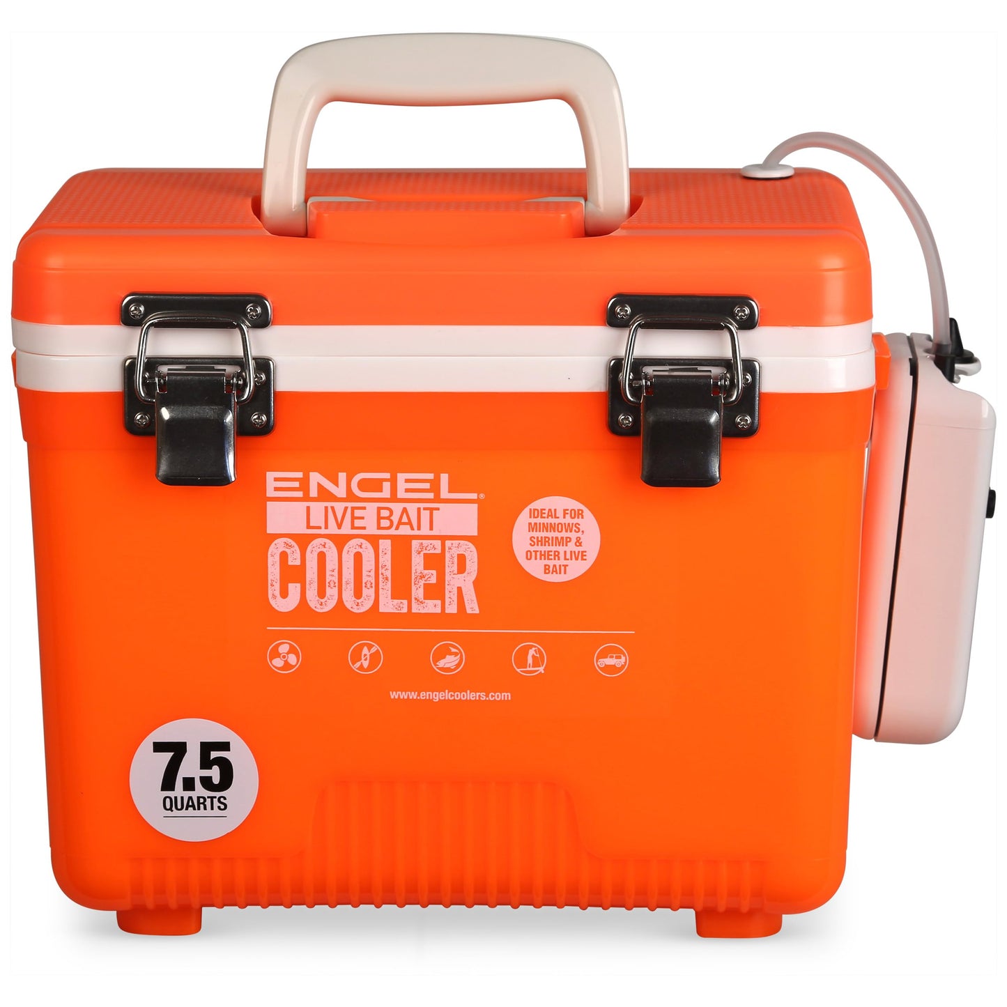 Engel 7.5qt Live Bait Cooler Box with 2nd Gen 2-Speed Aerator Pump - Portable Fishing Station & Minnow Bucket for Shrimp & Other Live Fish with Aerator - ENGLBC7-N-OHV in Orange High-Visibility