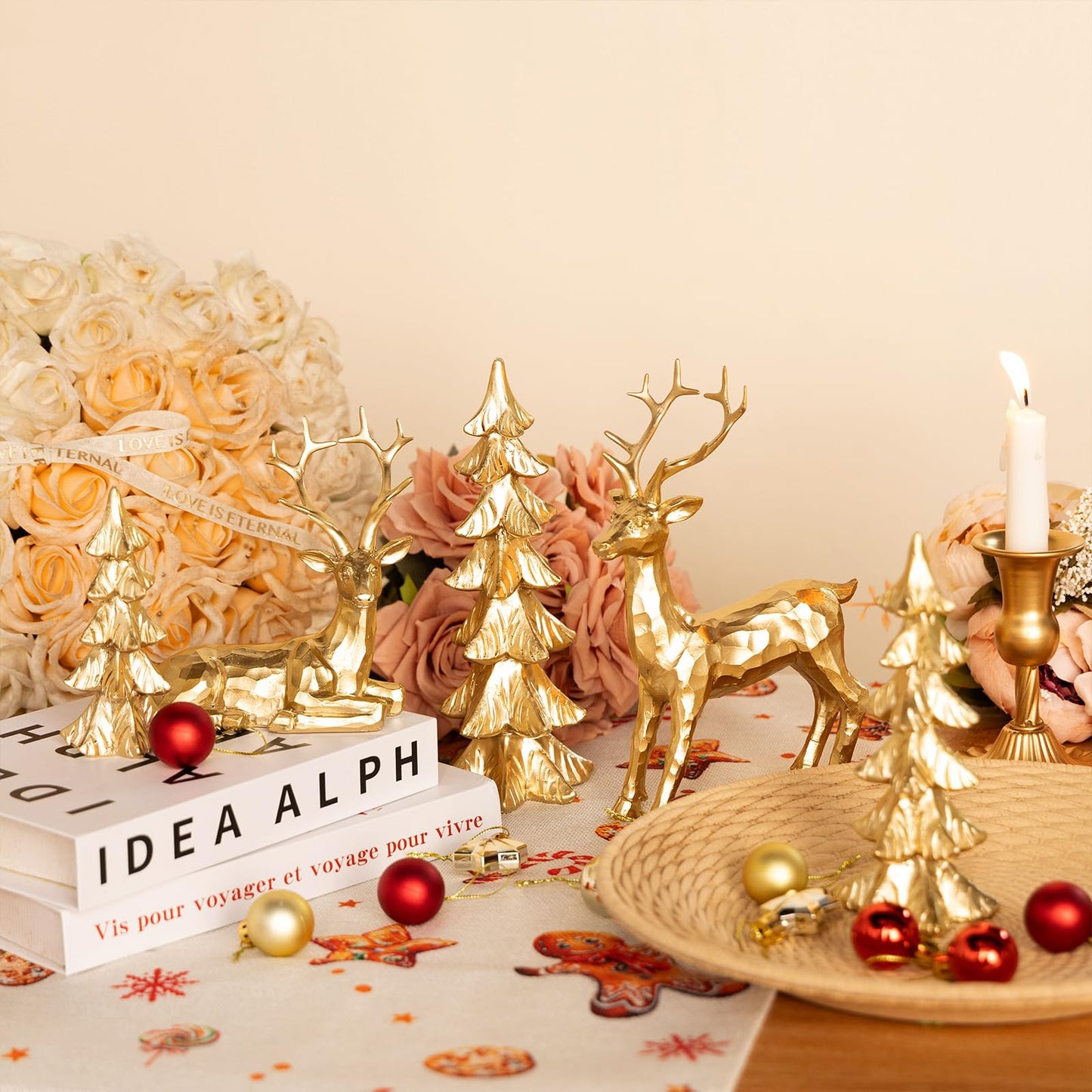 Gleemoria 5pc Gold & Silver Christmas Reindeer & Tree Statue Set; Tabletop Decor; Gold Deer Figurines