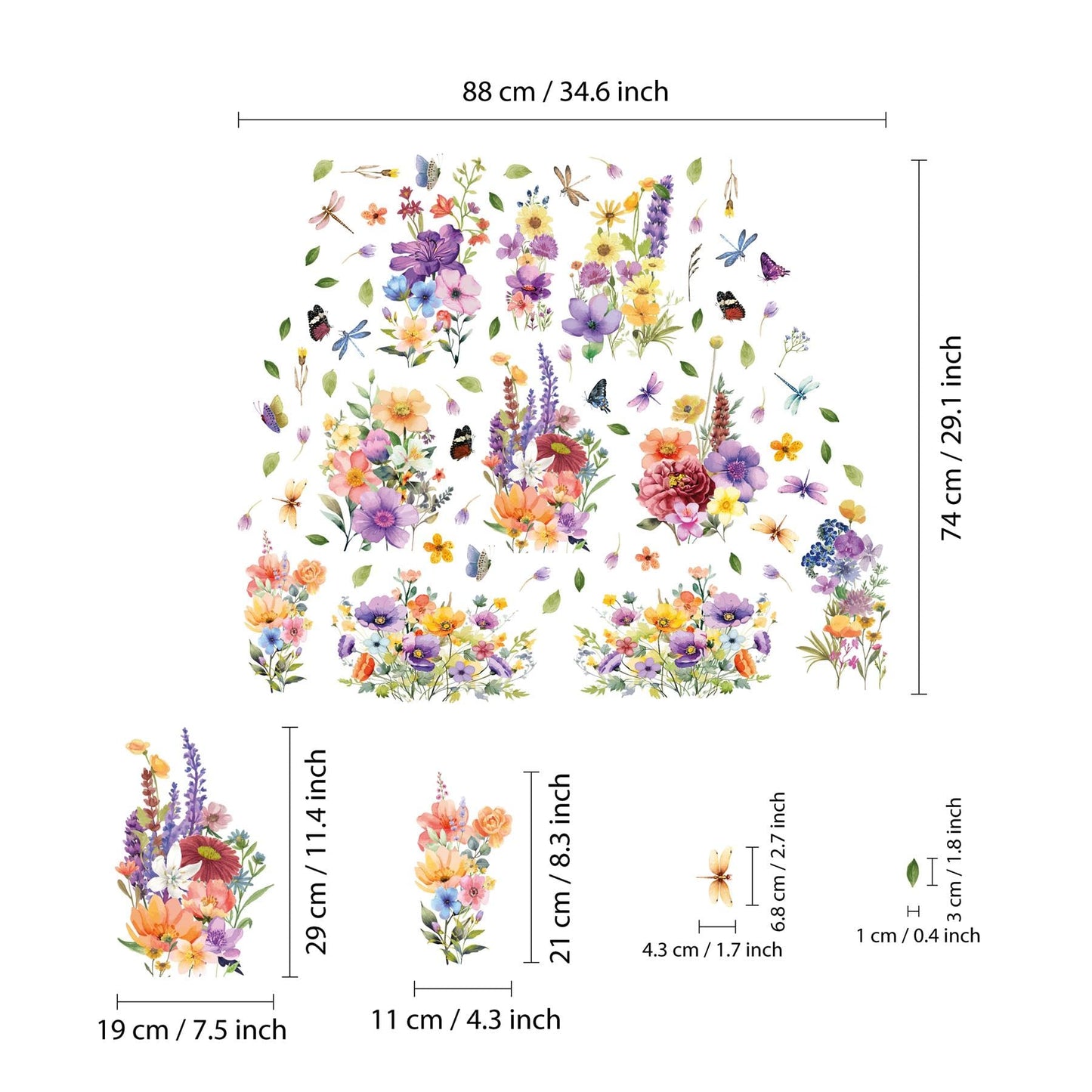 WALPLUS Spring Window Clings Spring Decorations Flower Window Clings Reusable Removable for Glass Windows Living Room Nursery Room Home Colourful Flowers with Dragonflies and Butterflies 44 Pieces