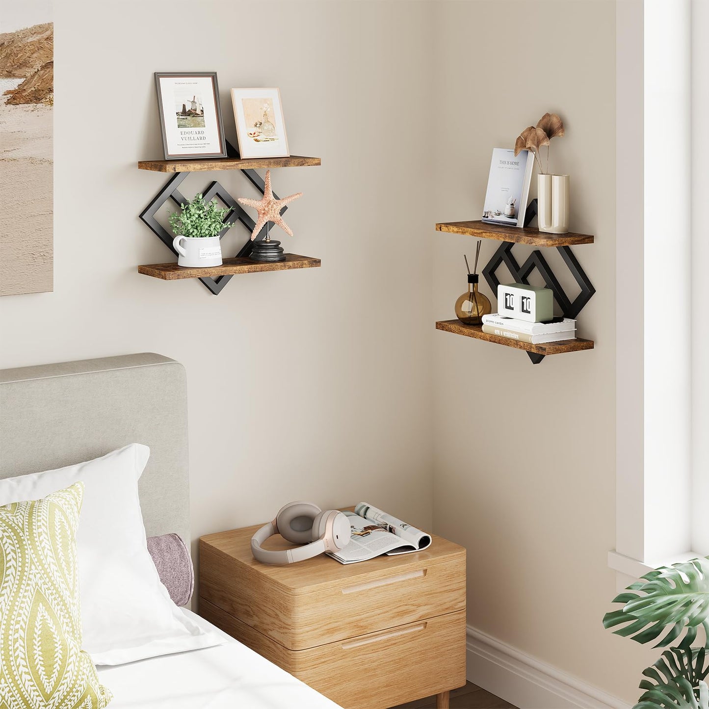 ELYKEN Floating Shelves for Wall, Set of 2 Hanging Shelves, 2-Tier Wall Mounted Storage Shelves for Books & Decor, Perfect for Living Room, Bedroom, Kitchen, Home Office, Study, Rustic Brown
