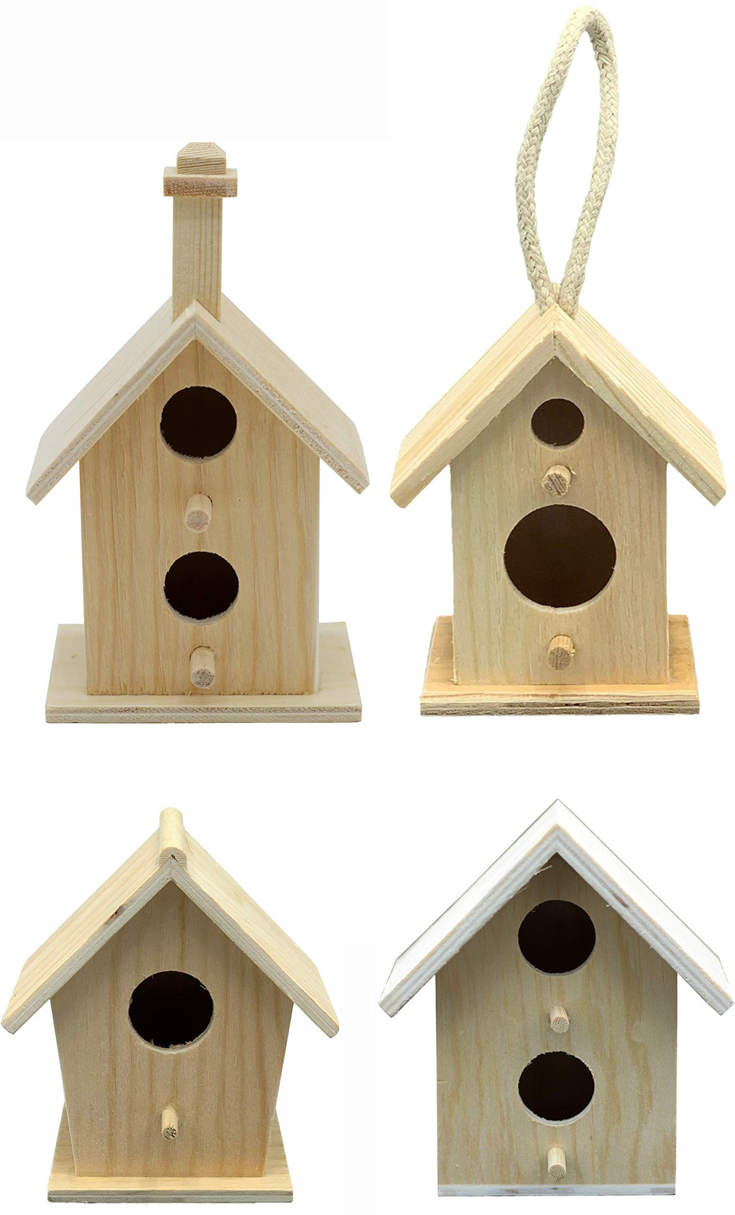 Creative Hobbies® Mini 4 Inch Tall Birdhouse - Set of 4 Styles, Small Unfinished Wood Ready to Paint or Decorate