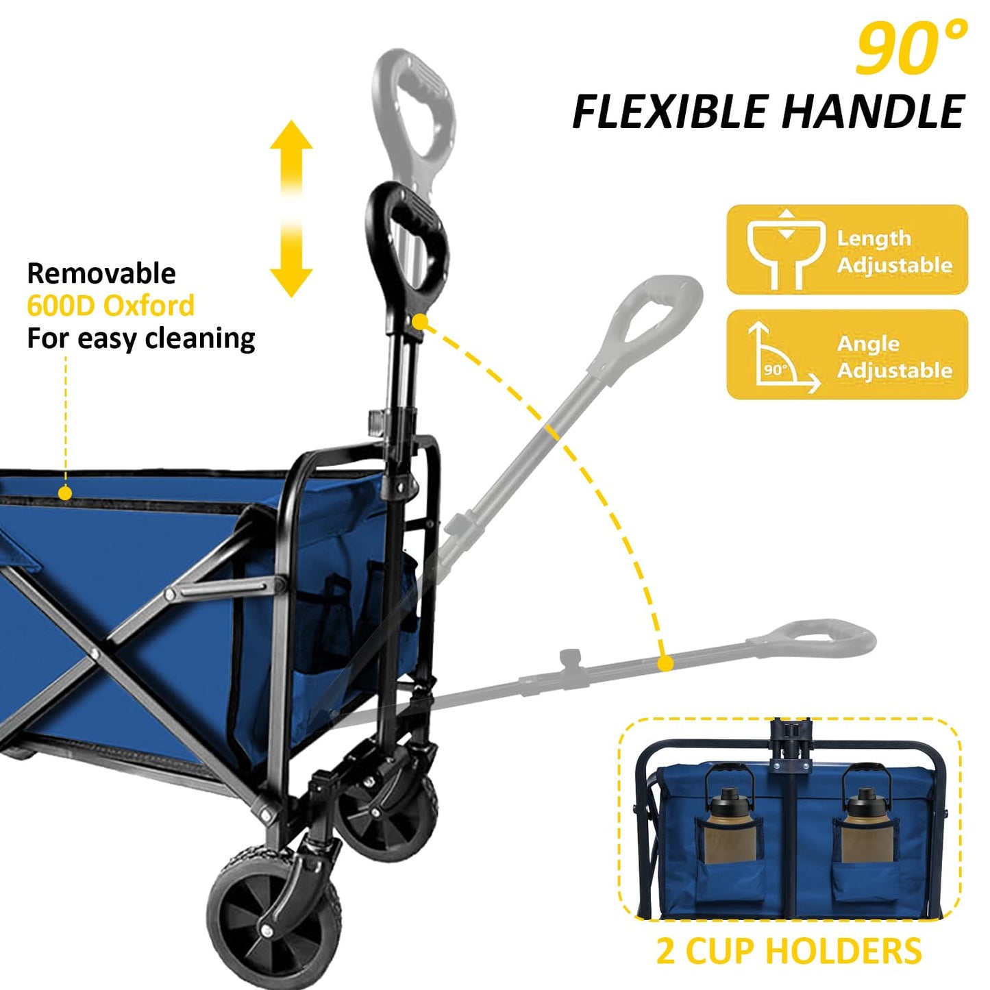 VOYSIGN Garden Cart Folding Wagon with Small Wheel, Collapsible Outdoor Wagon Cart Heavy Duty with Universal Wheels & Adjustable Handle, Utility Grocery Wagon for Camping Shopping, Sports - Navy Blue