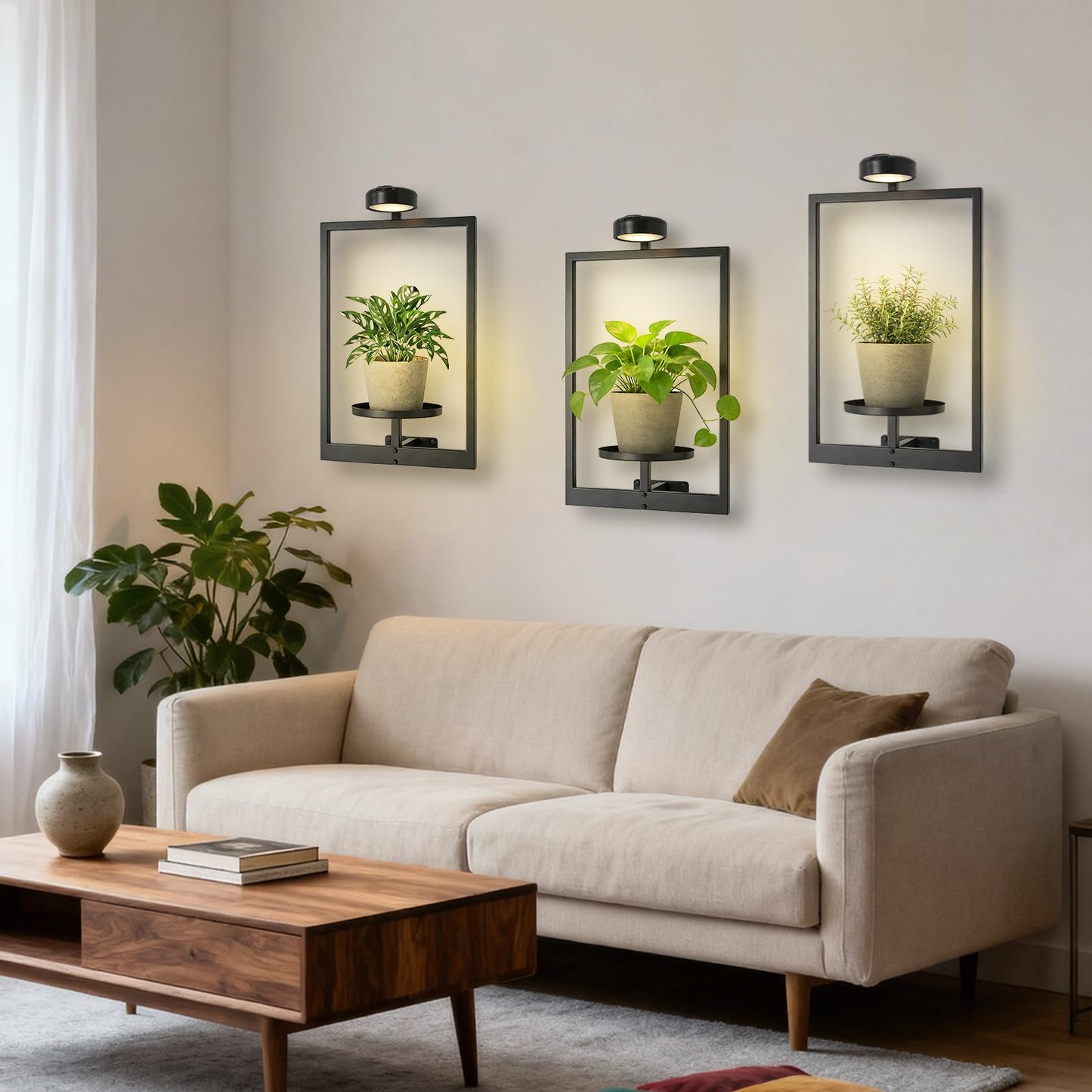 Wall Planters for Indoor Plants，Wall Plant Holder with ‌Remote-Controlled Lights，Hanging Planters for Indoor Plants Window Plant Shelves 3 Pack Plant Hanger for Living Room Entryway（Bulbs Included）