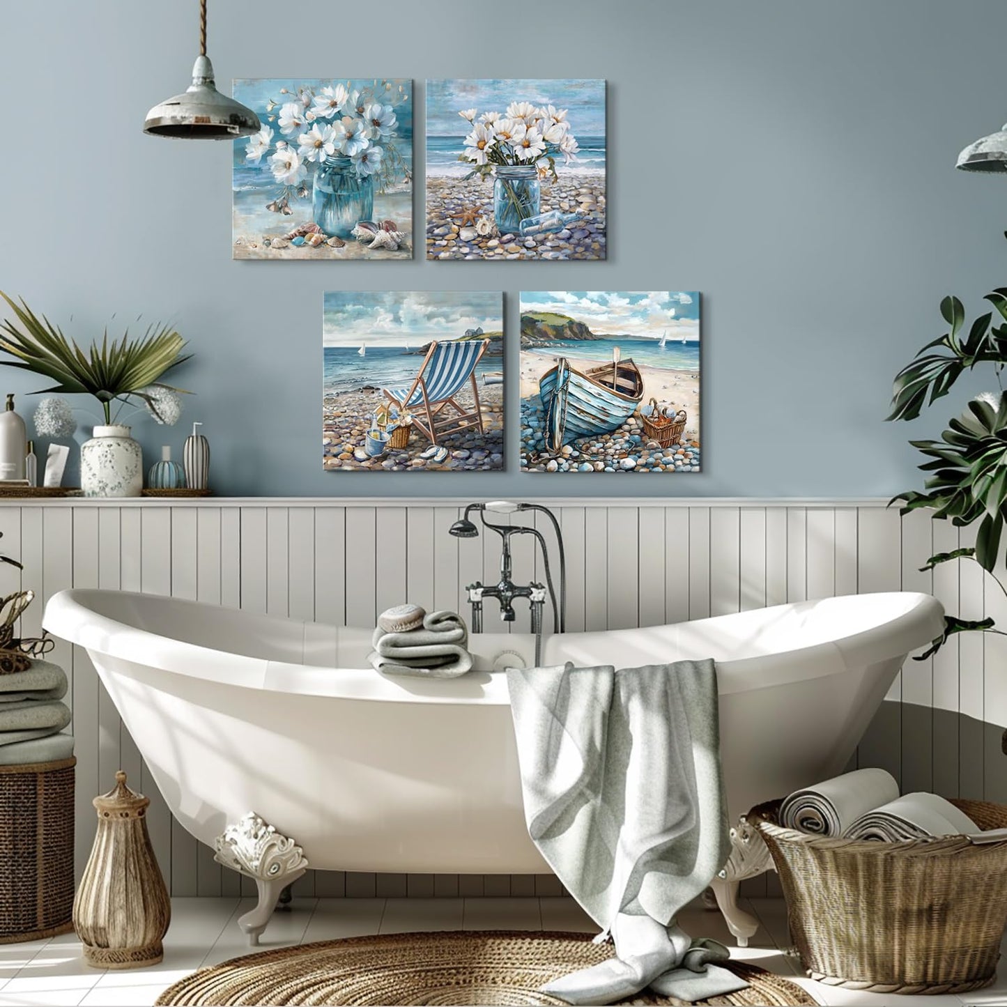 Bathroom Decor Beach Wall Art Ocean Theme Blue Picture Canvas Print Modern Coastal Artwork Framed Hanging Dining Office Living Room