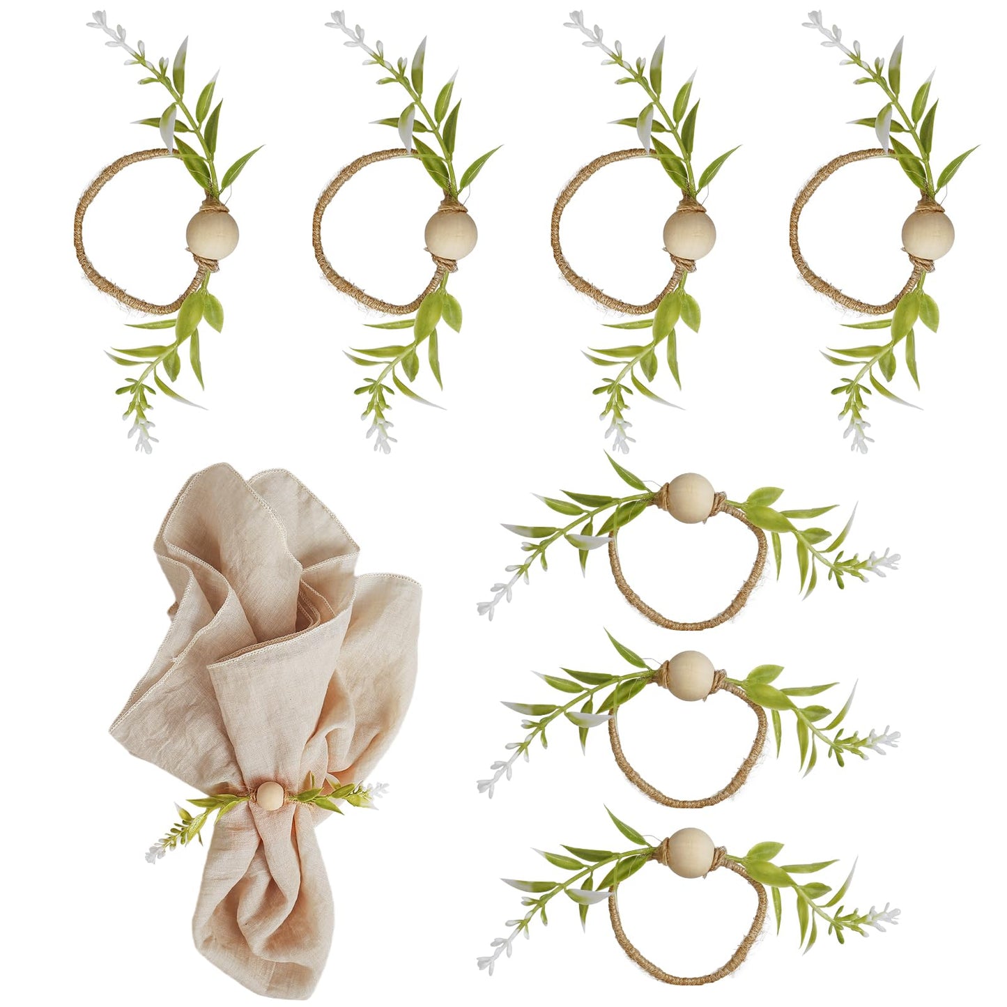 Getfitsoo Handmade Farmhouse Napkin Rings Set of 8, Eucalyptus Napkin Rings with Wooden Bead Greenery Leaves Rustic Napkins Holder for Easter Banquet Celebration, Wedding Parties Dinner Table Decor