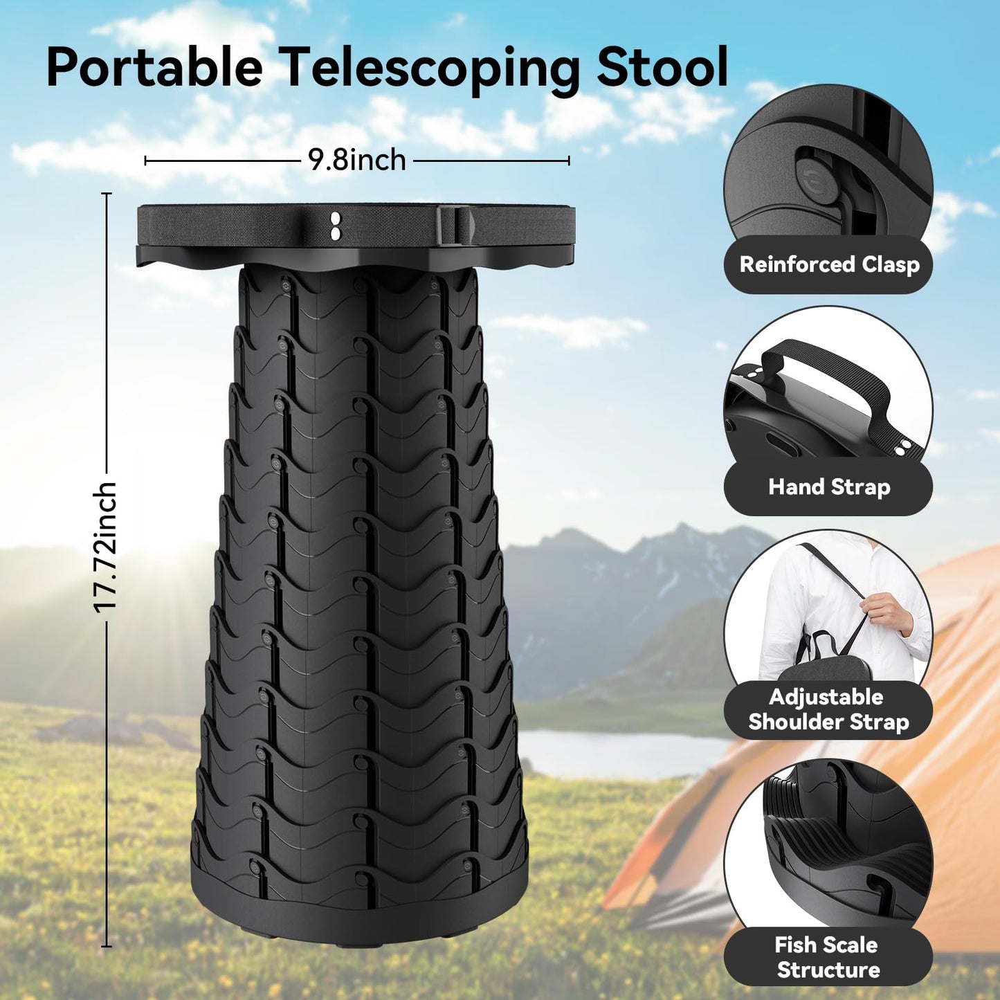 Guioiby 2025 Upgraded Portable Folding Stool, Collapsible Stool, Telescoping Camping Stool with Max Load Capacity 485lbs, Square Retractable Seat for Camping Gardening Fishing Hiking BBQ[Black]