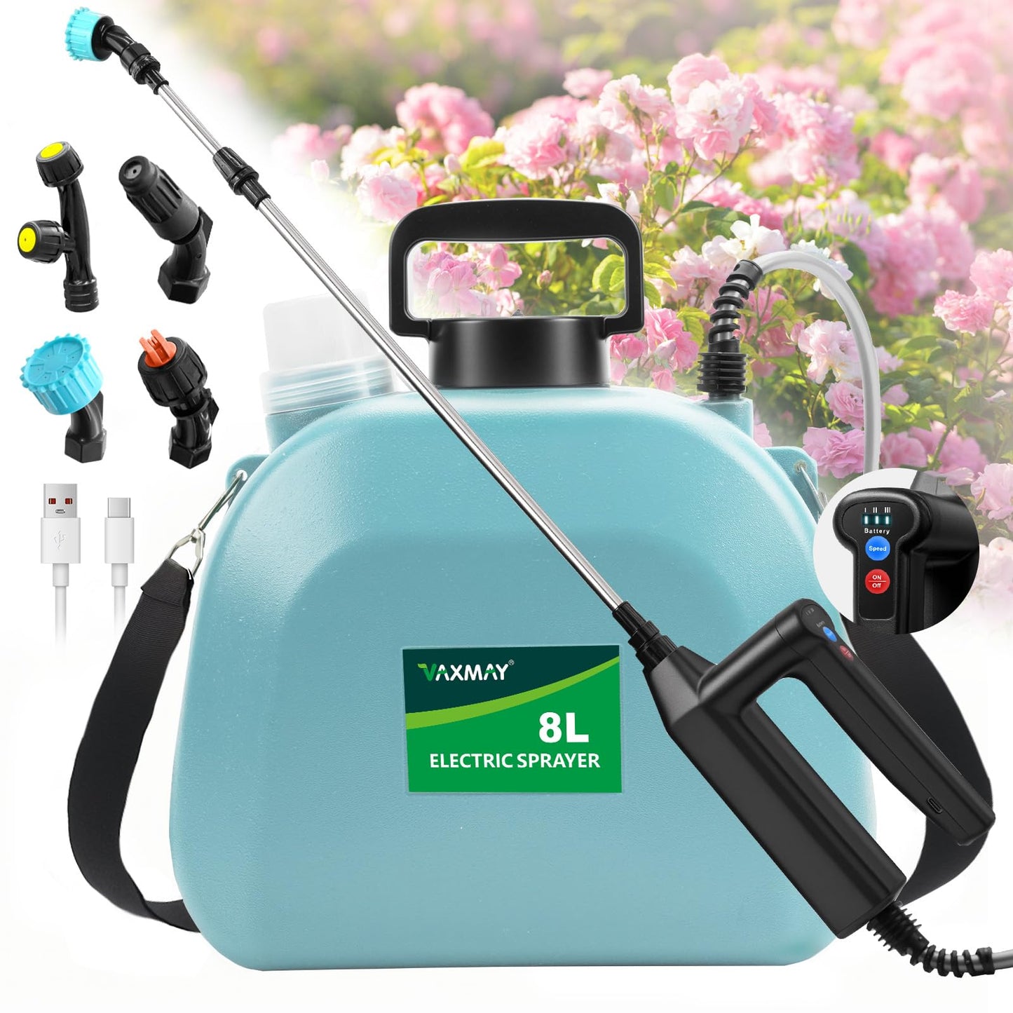 Battery Powered Sprayer 2 Gallon, 2026 Upgrade Electric Sprayer with 3 Adjustable Speed, Battery Indicator, 4 Mist Nozzles, Rechargeable Retractable Wand with Adjustable Shoulder Strap for Lawn Garden