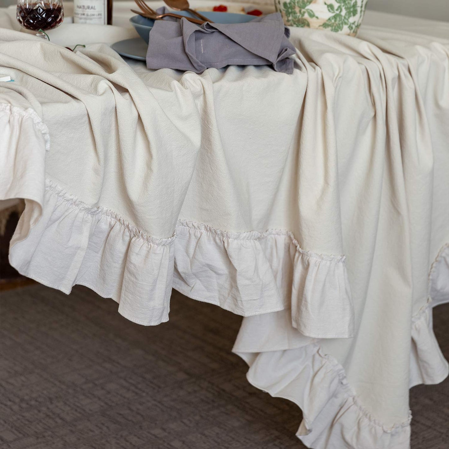 GLORY SEASON Retro Farmhouse Ruffle Tablecloth Cotton Flounces Trim Washable Table Cover Tablecloths for Rectangle Table Baby Shower Kitchen Party Wedding Decor, 52''x70''