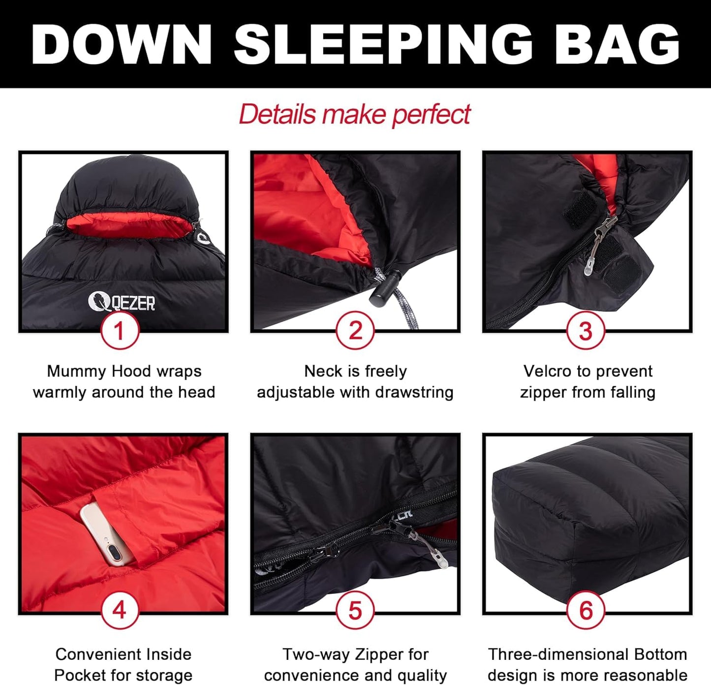 QEZER Ultralight Down Sleeping Bag for Adults with 600 Fill Power, Compact All Seasons Sleeping Bag for Backpacking, Hiking and Camping