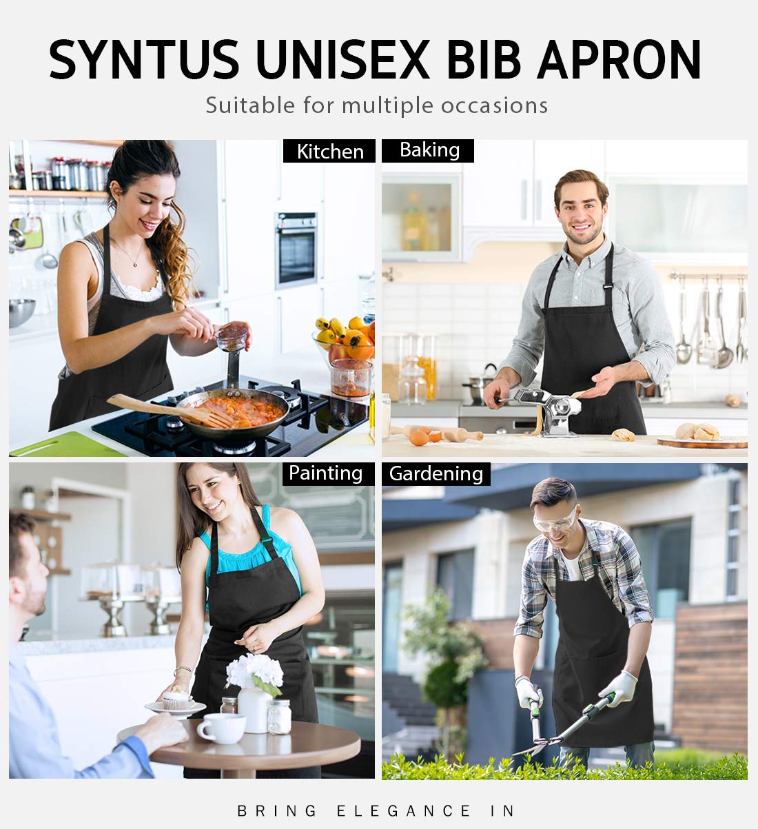Syntus Adjustable Bib Apron with 2 Pockets Cooking Kitchen Aprons for Women Men Chef, Basic Black 2 Polyester