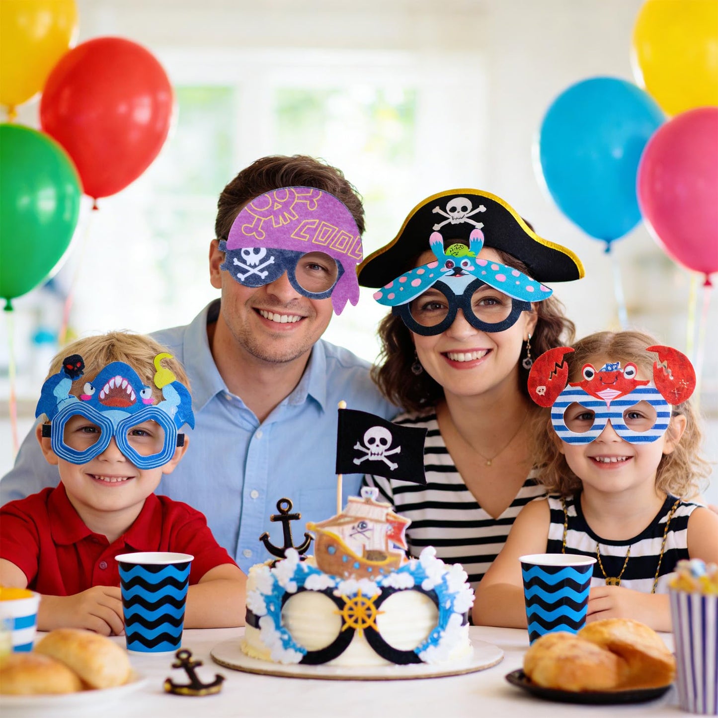 Winrayk 12 Pack Reusable Pirate Felt Glasses Bulk, Pirate Party Decorations & Party Favors, Kids Adults Summer Beach Birthday Holiday Daily Eyeglasses Photo Booth Props Halloween Cosplay Accessories
