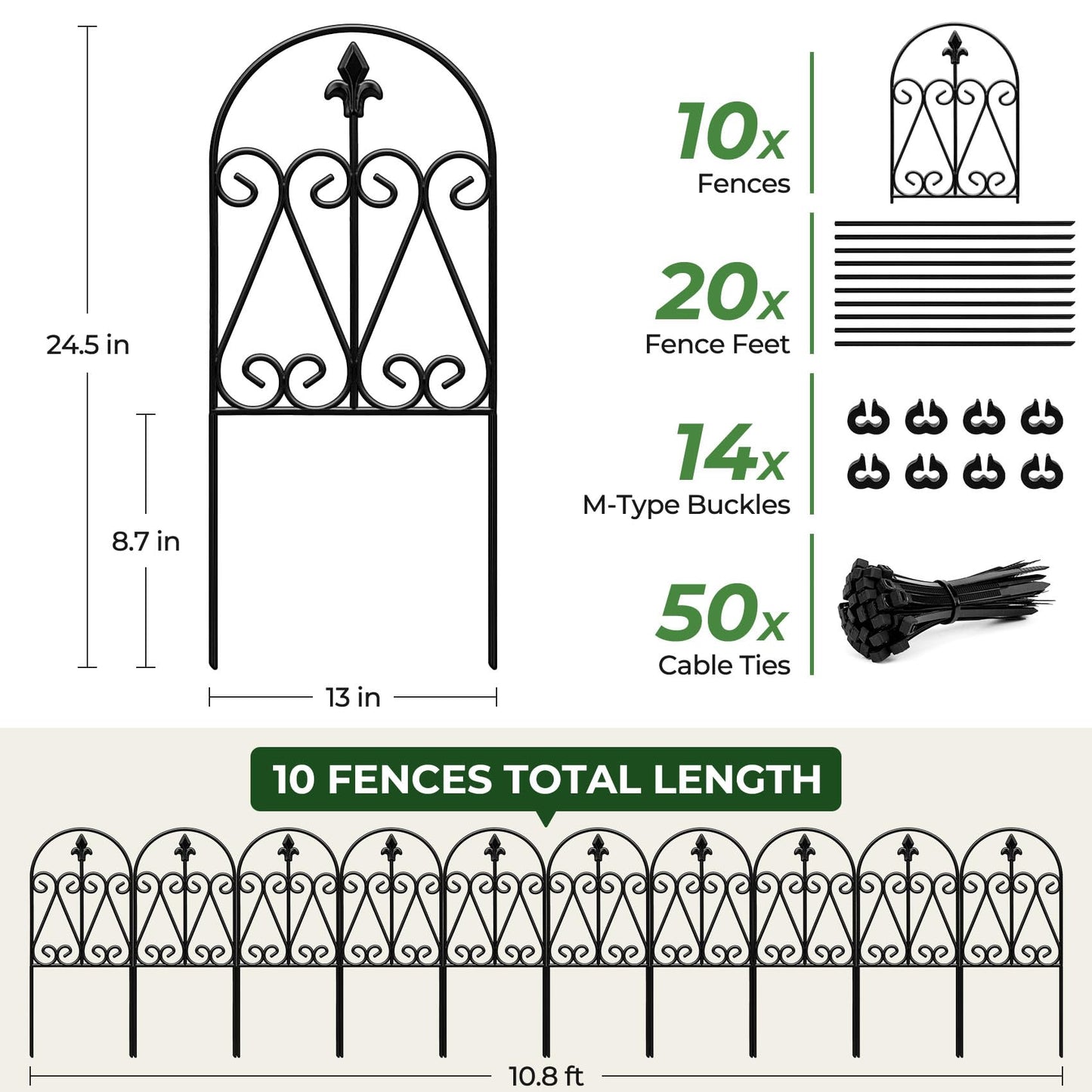 HIHADUUM 24.5in (H) x 10.8ft(L) Decorative Garden Fence, 10 Pack Heavy Duty No Dig Fence for Dogs, Metal Arched Garden Fencing Barrier Outdoor Fencing for Flower Beds, Patio & Yard Decor