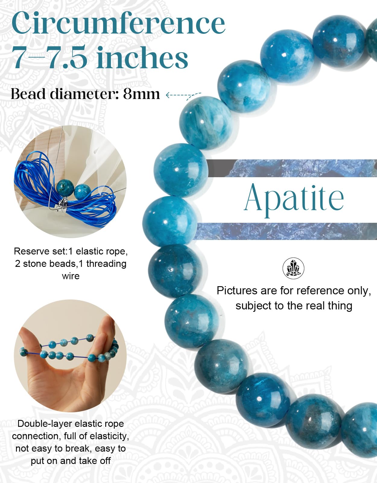 Landorilo Beaded Bracelet for Men Women, 8mm Natural Stone Apatite Healing Crystal Stretch Bracelets, Ideal Christmas Birthday Jewelry Gifts with Energy Card，Replacement Beads Included