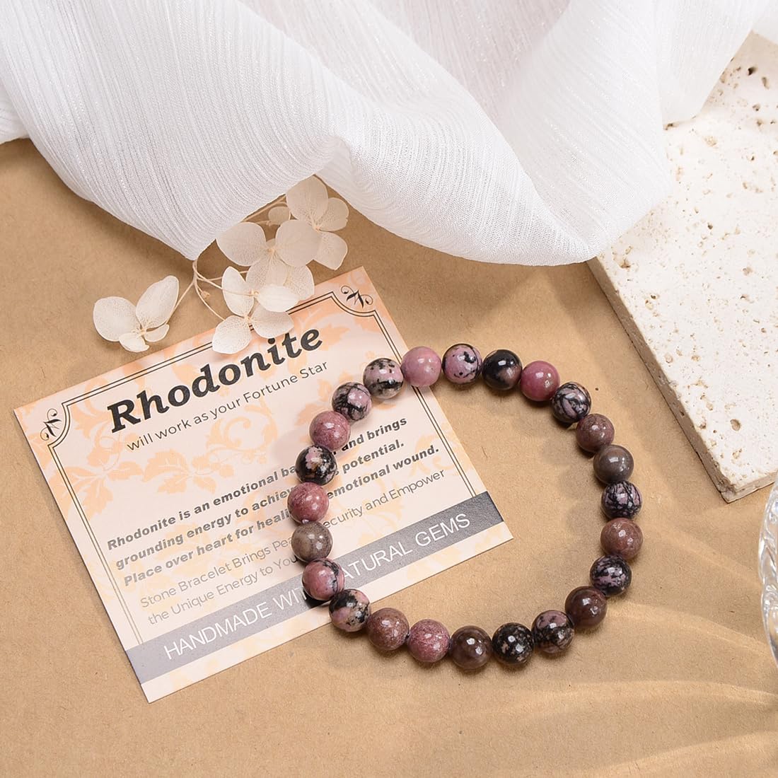 MASSIVE BEADS Pink Black Rhodonite - Stone of Fortune - Handmade Yoga Stretch Elastic Bracelet Natural Stone Crystal Healing Power Energy Gifts for Unisex Adult 4mm