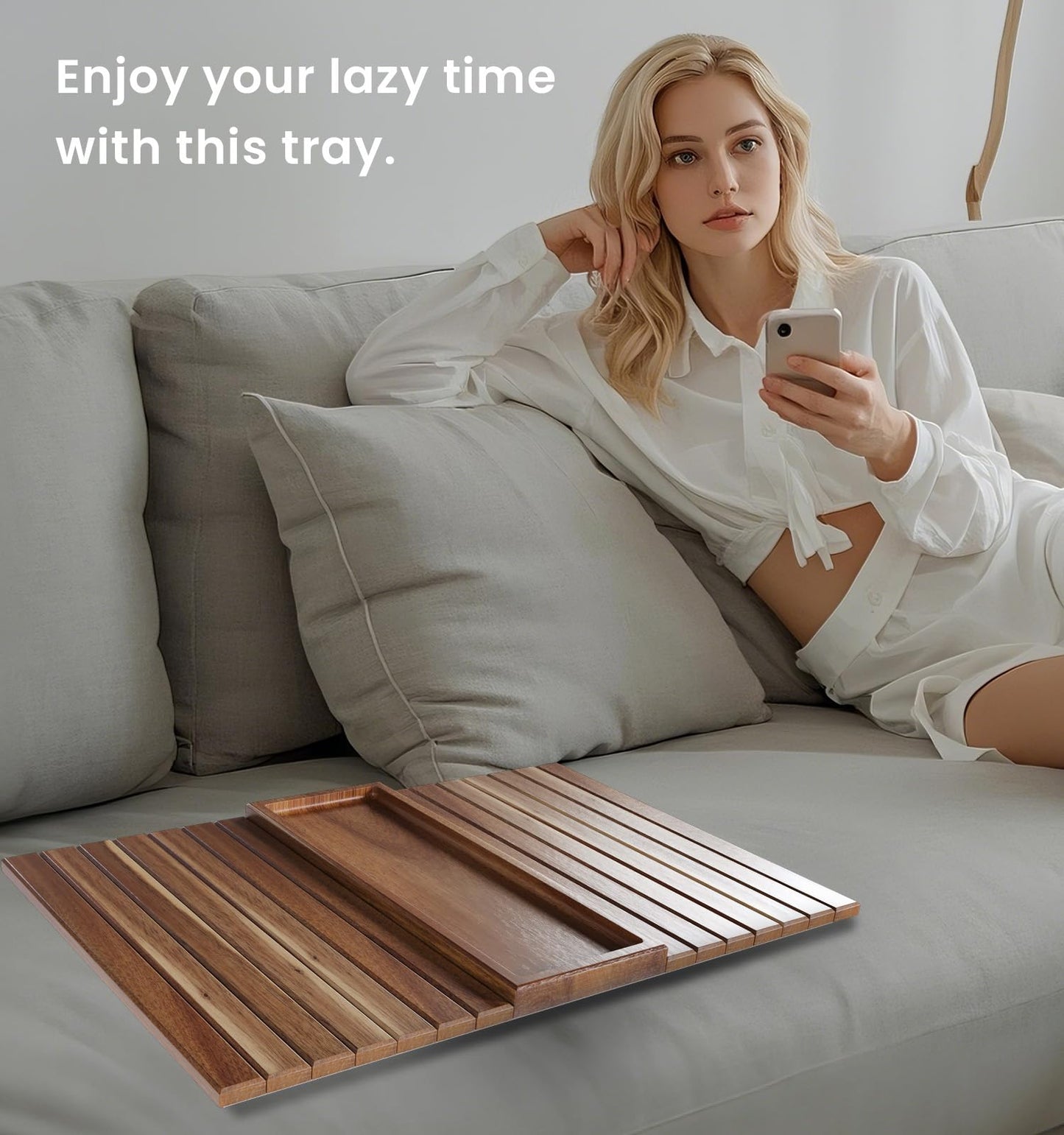 Danfoxer Sofa Arm Tray,Acacia Wood Folding Couch Arm Tray,Sofa Armrest Trays with Anti-Slip Pad for Drinks,Snacks,Phone,Remote Control