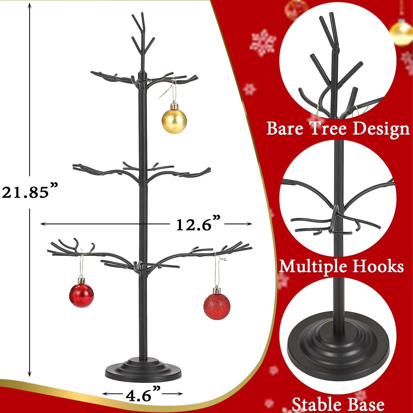 Metal Ornament Display Tree, Black Ornament Tree Display Stand, 22 Inch Christmas Tabletop Ornaments Hangers Stand, 3-Tier Wire Displays Trees for Easter Halloween Christmas Ornaments