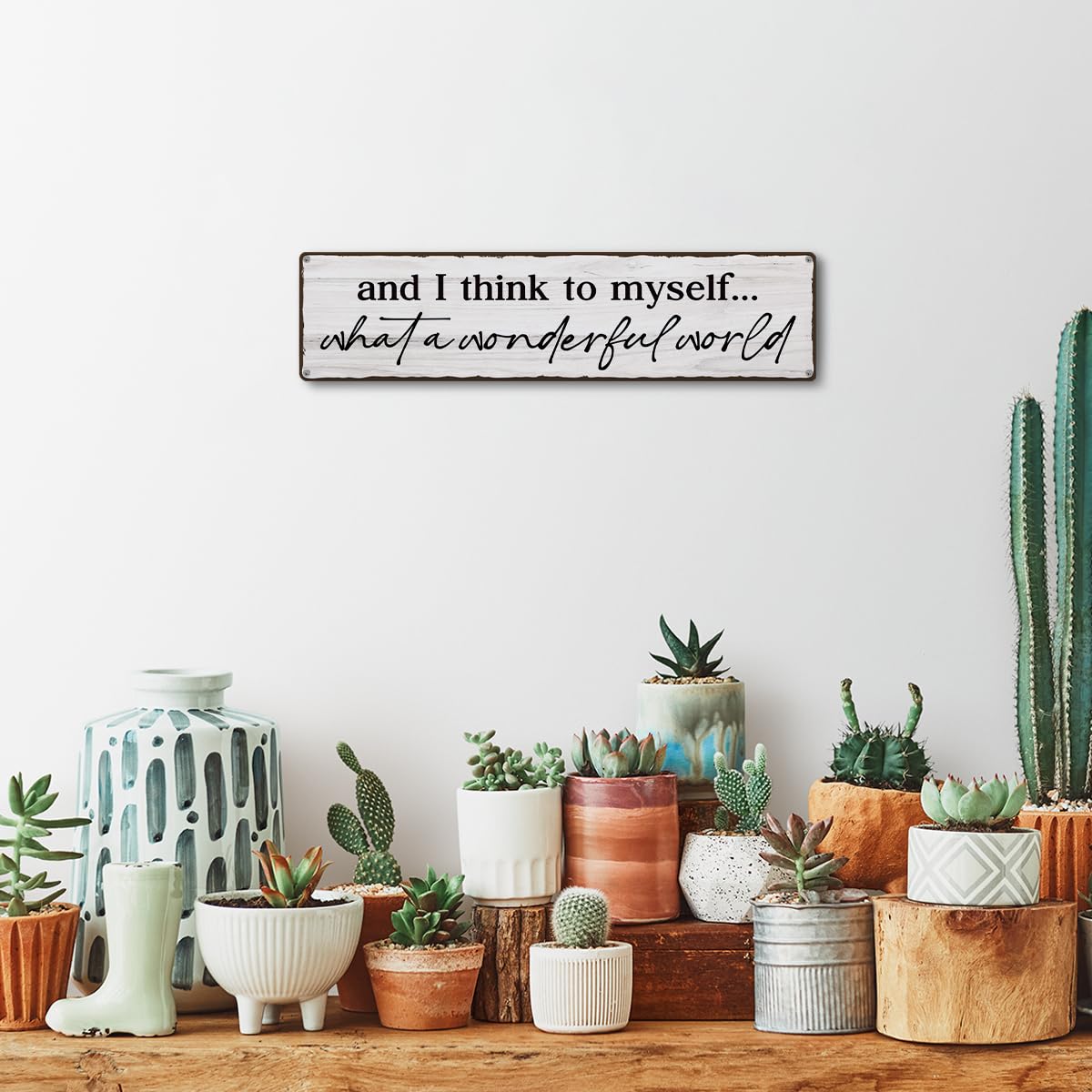 And I Think To Myself What A Wonderful World Sign, Retro Metal Tin Sign, Farmhouse Family Wall Decor, Wall Art Decor Iron Poster, For Home Living Room Bedroom 15.8x4 Inch