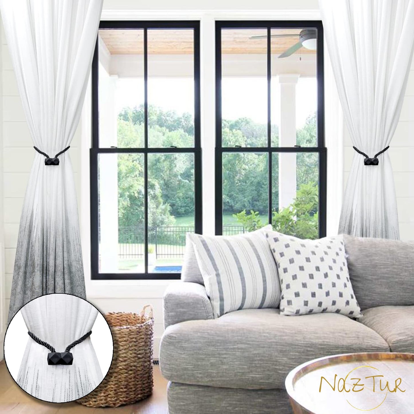 NazTur Magnetic Curtain Tiebacks- Upgrade 2022 with a Thicker Twist Rope & Strong Magnet Tieback Window Treatment Holdbacks Draperies Holders Decorative Drape Handmade Tie Back (Black, 2)