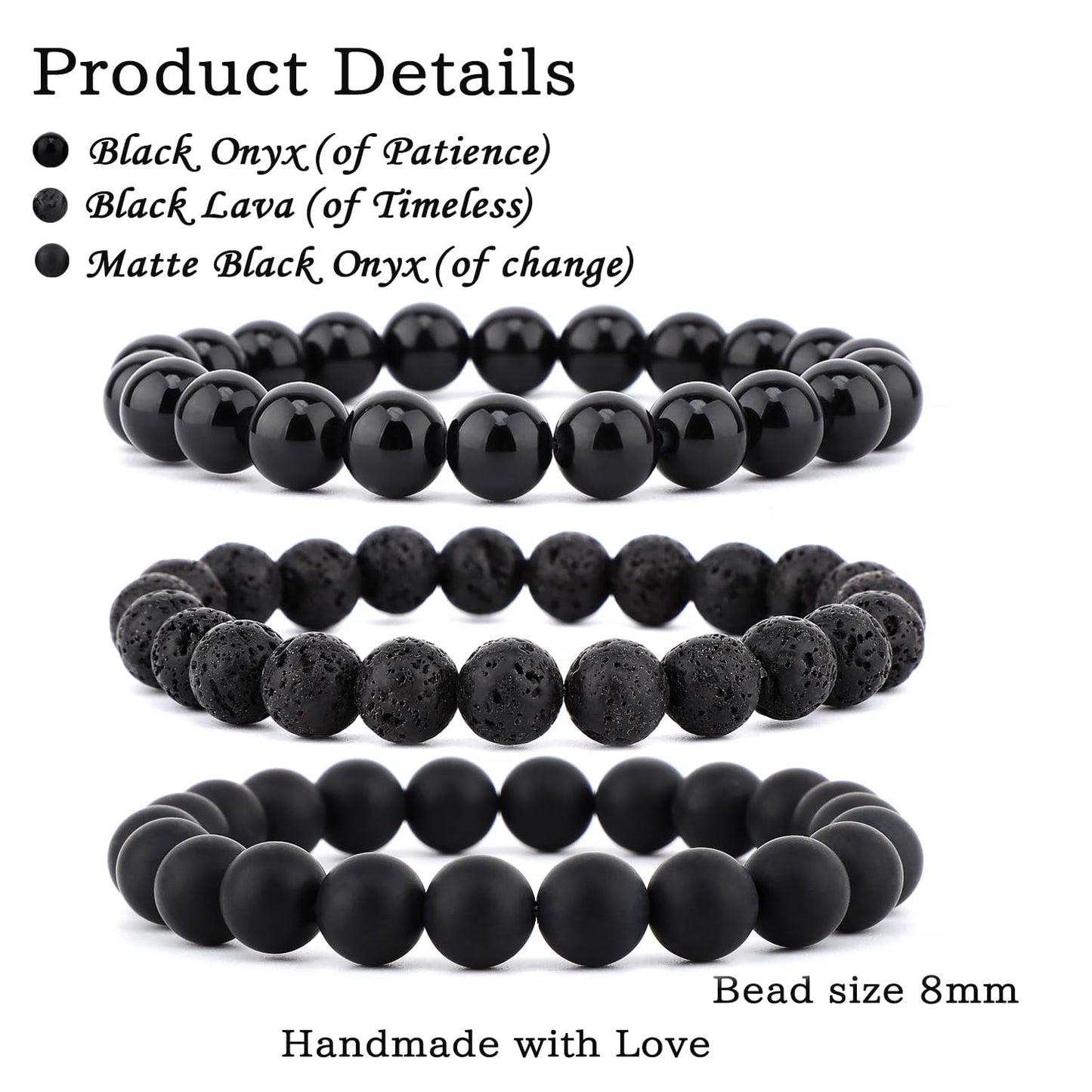 NCB 3-Piece 8mm Natural Crystal Gemstone Stretch Bracelets – ﻿Black Lava, Black Onyx, Matte Black Agate Handmade Reiki Energy Healing Jewelry for Meditation,Yoga, Unisex