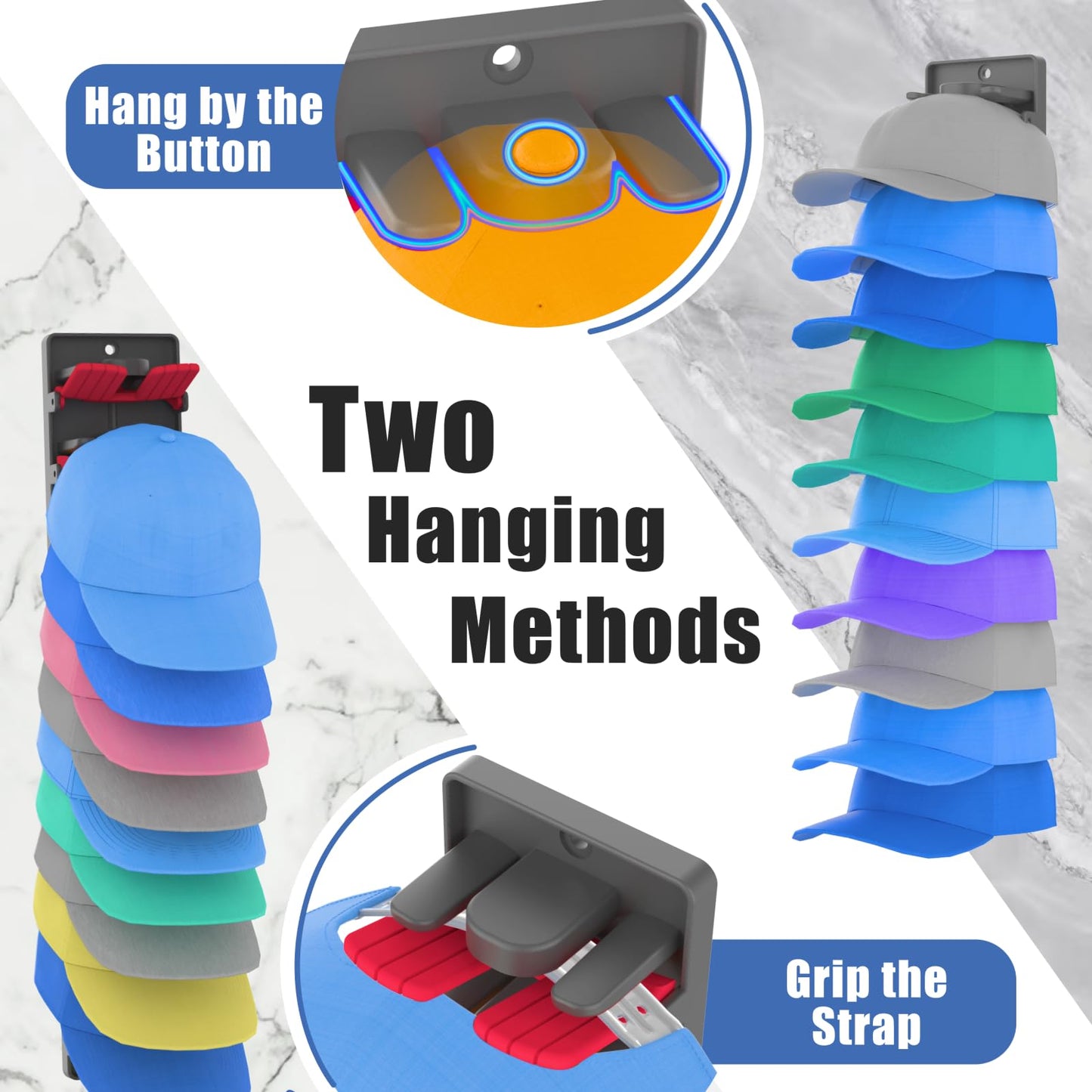 BRUBEQO Hat Organizer for Baseball Caps 2 Packs with Built Spring Clips - Wall Mount Closet Hat Rack Holder, Storage for Wall Door/Closet Display Hat Racks Hanger (Install by Adhesive & Screws)