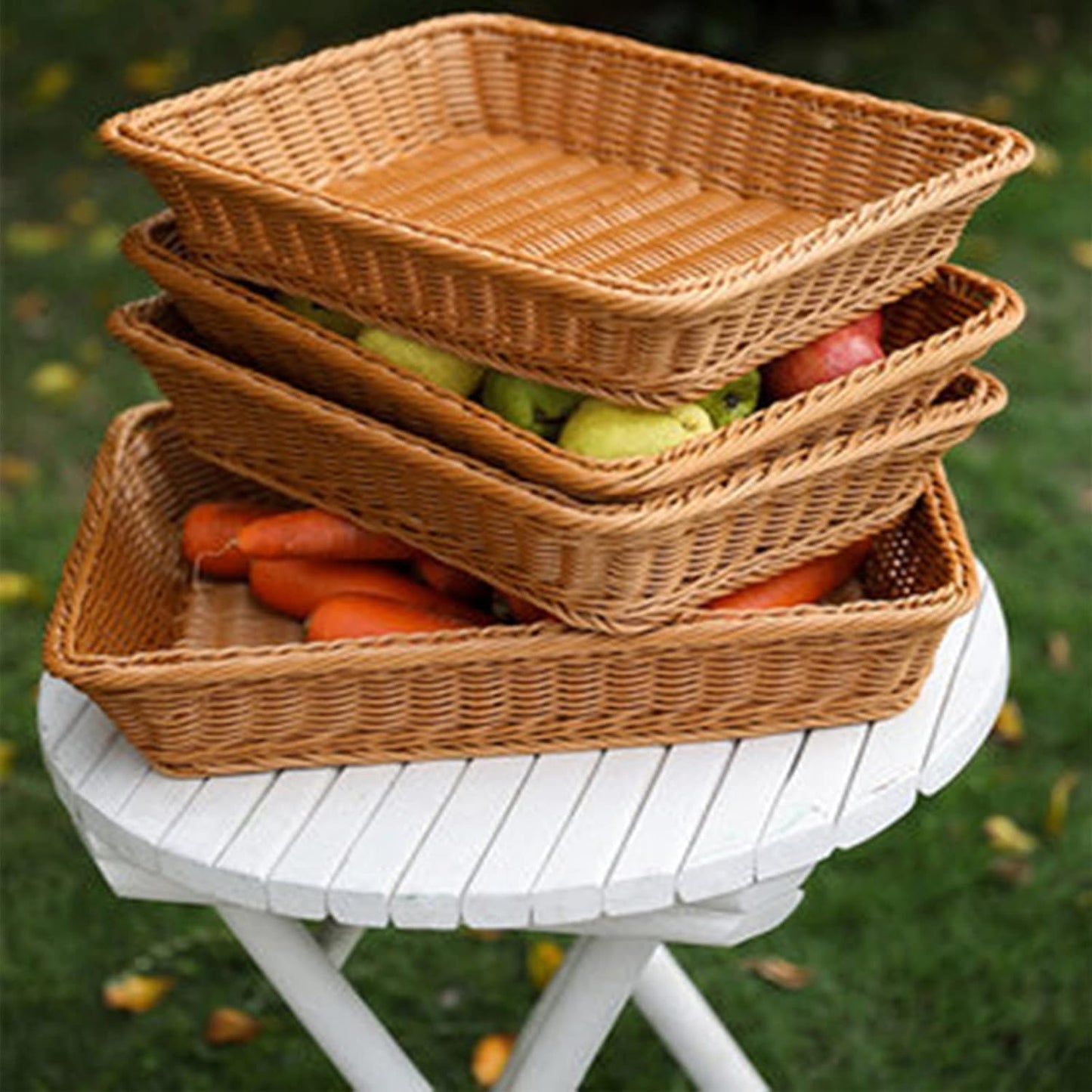 Yarlung 2 Pack Woven Bread Basket, Plastic Wicker Fruit Baskets 15.7 x 11.4 Inch, Imitation Rattan Food Serving Trays for Vegetables, Kitchen, Restaurant, Outdoor, Brown
