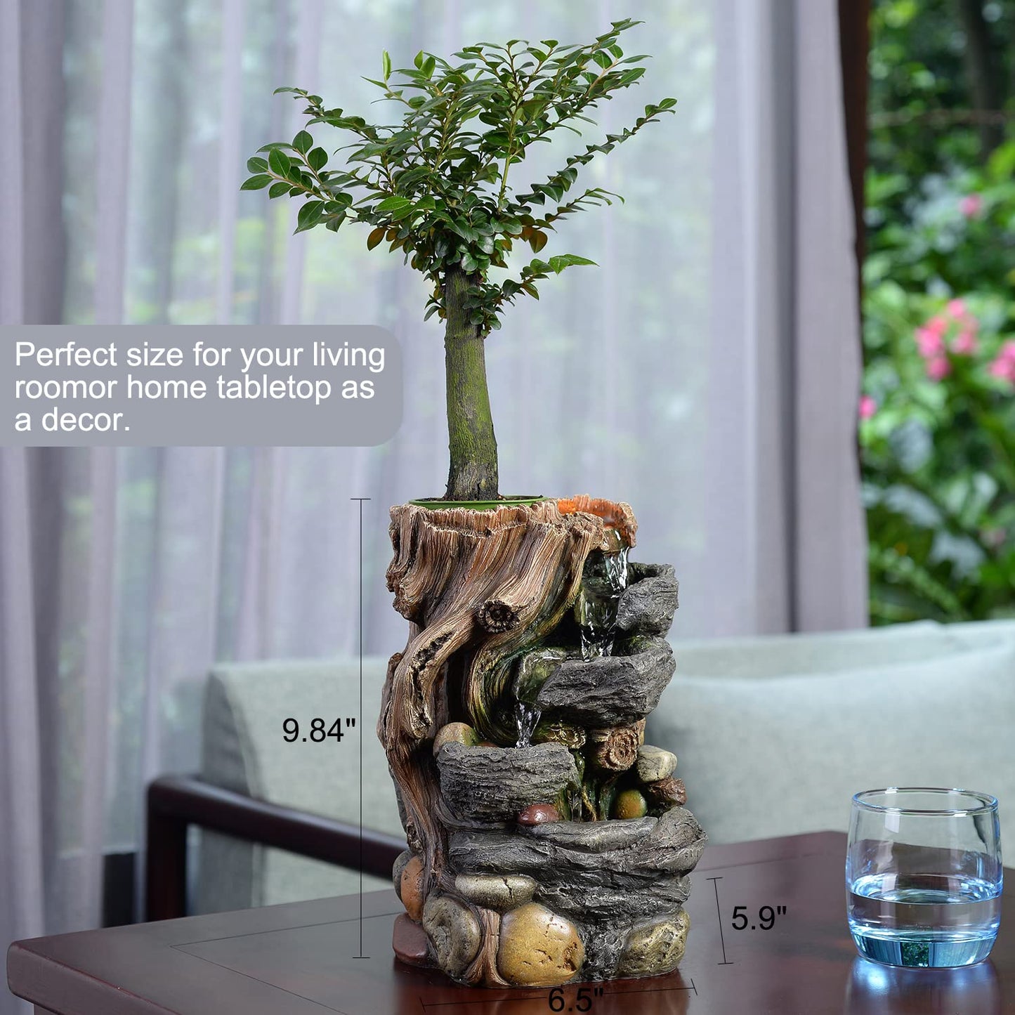 GOSSI Indoor 5-Tier Rockery Tabletop Waterfall Fountain with Auto Watering and Small Plastic Plant Pot, Decorative Home Water Fountain (22021)