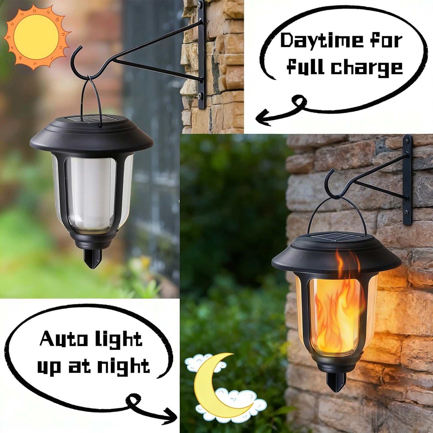 Dynaming 2 Pack Solar Flame Lanterns Outdoor, Hanging Solar Powered Wall Mounted Sconce Lights, Flickering Flame LED Light Auto On/Off, Waterproof for Garage Stair Patio Front Porch Yard