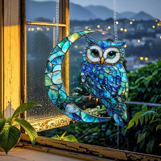 Colorful Acrylic Suncatcher, 6-inch Crescent Moon & Owl Hanging Window Decor, Wall Art with Vibrant Colors, Gift Idea & Garden Ornament Indoor Outdoor Use 1PCS