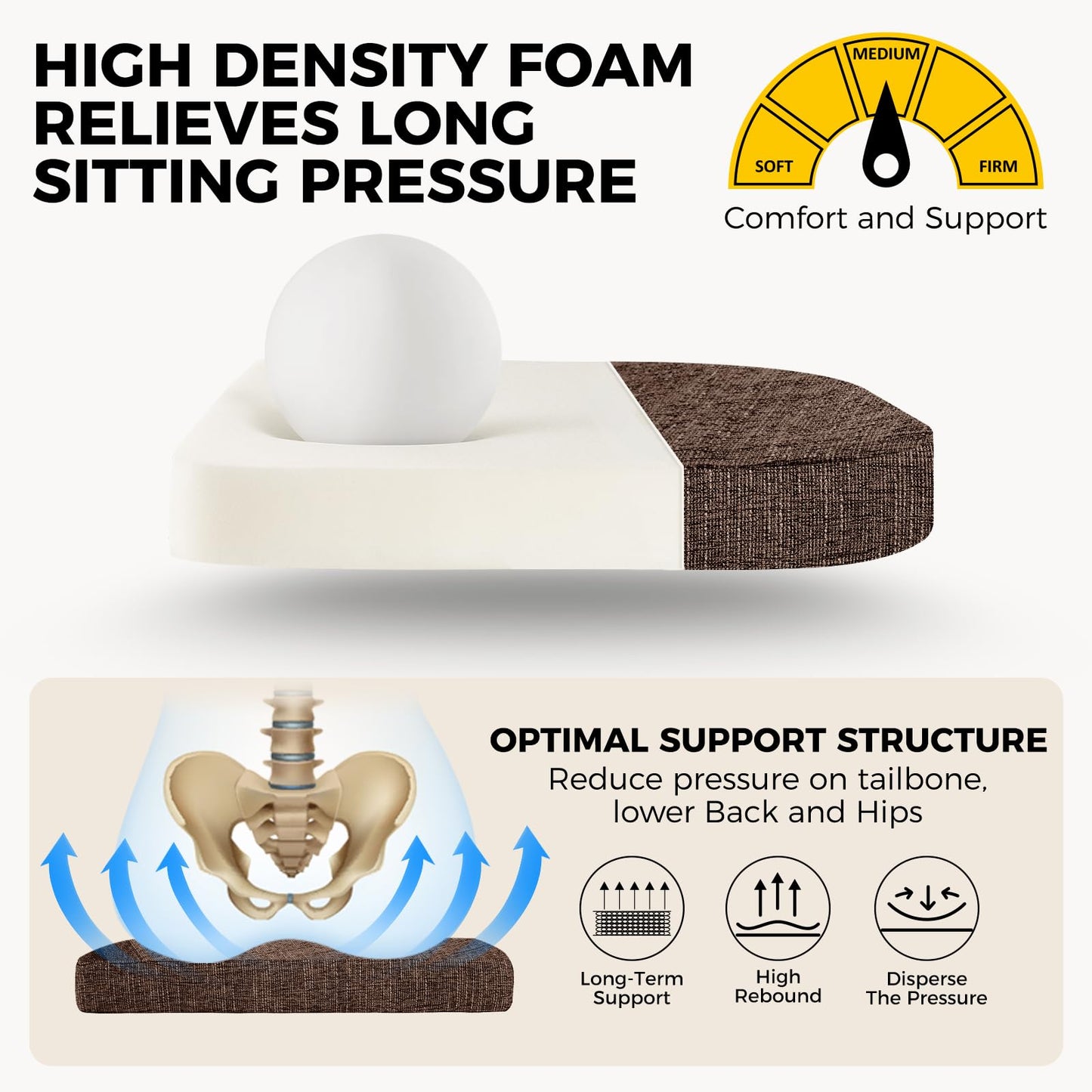 downluxe Indoor Chair Cushions for Dining Chairs, Soft and Comfortable Textured Foam Kitchen Chair Pads with Ties and Non-Slip Backing, 16" x 16" x 2", Brown, 6 Pack