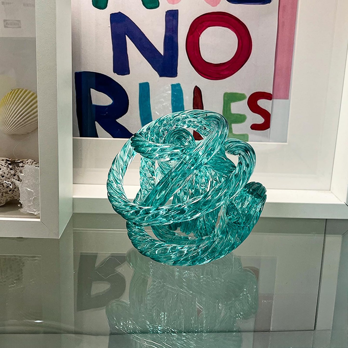 ORRFIDDY Glass Knot Teal Orbit Ball - 5 Inch Hand Blown Infinity Sculpture Decor Glass Orbit Home Decor Table Decoration Interio Art