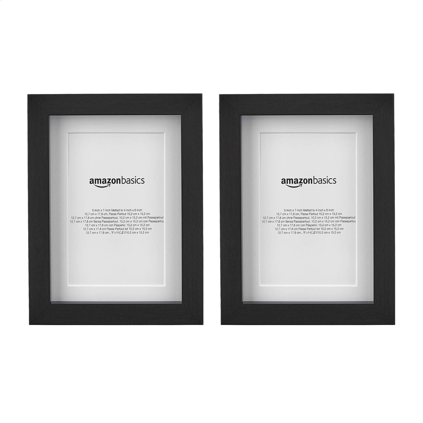 Amazon Basics Rectangular Picture Frame with Glass, 5" x 7", Wall Hanging or Tabletop Display, Mat for 4" x 6" Photo, Black, 2-Pack