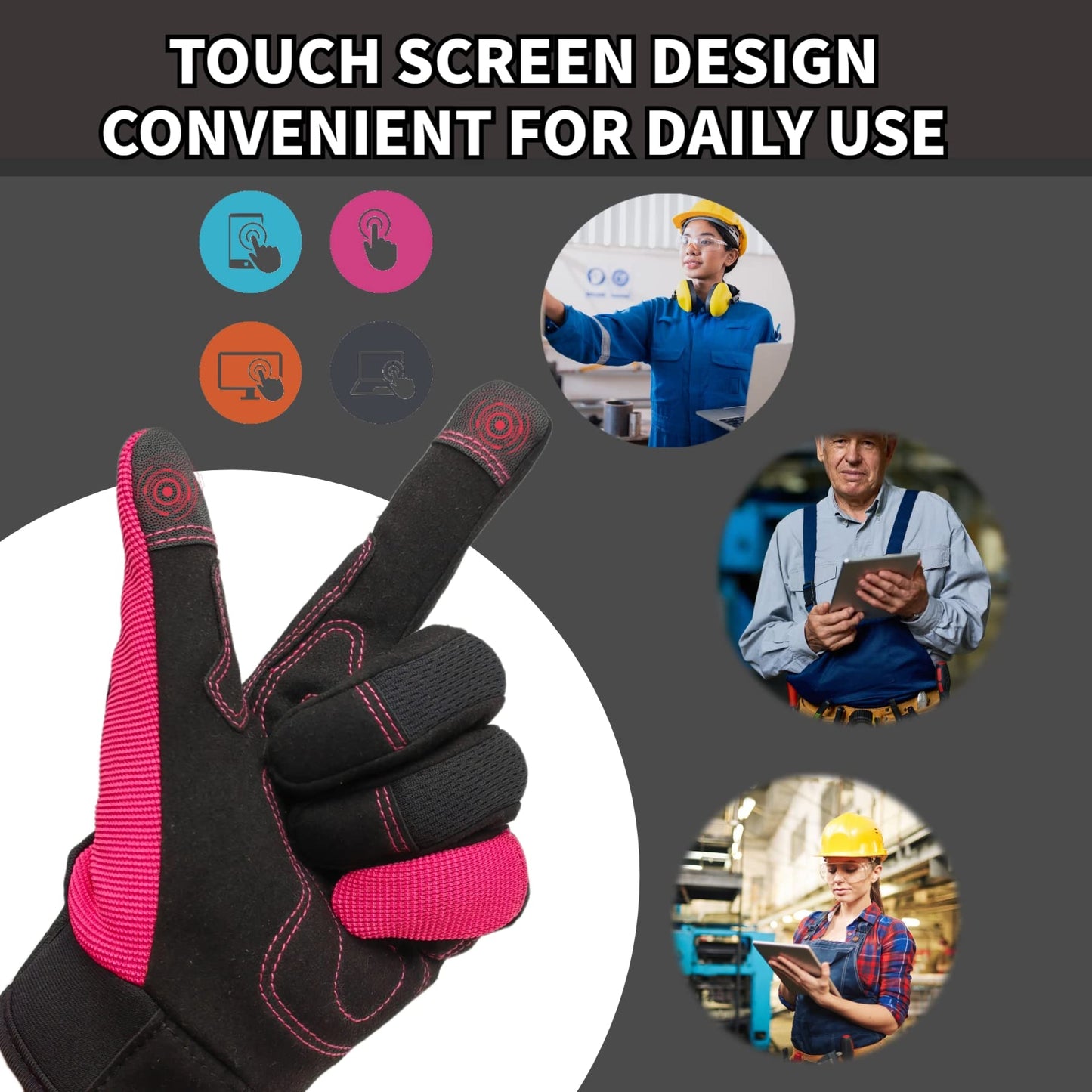 SAVJOB Utility Work Gloves for Men&Women,Mechanic Glove,Outdoor Yard,Performance Fit,Touchscreen,Pink,Medium