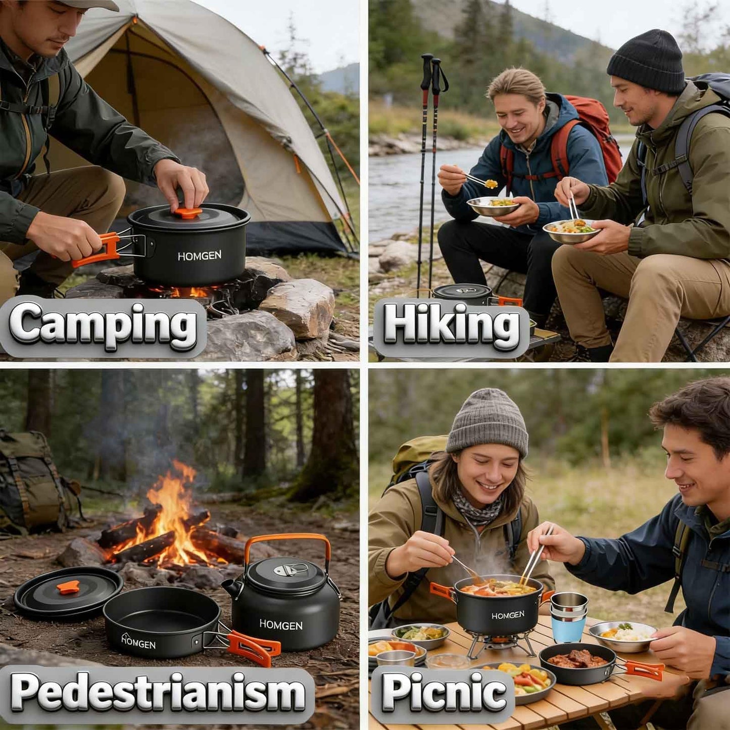 HOMGEN Portable Camping Cooking Set with Folding Windscreen-Lightweight Aluminum Camp Pots and Pan-800ml Teapot- 2 Cups & Plates- Complete Camping Mess Kit for Hiking Picnic Camping RV Trevel Trip