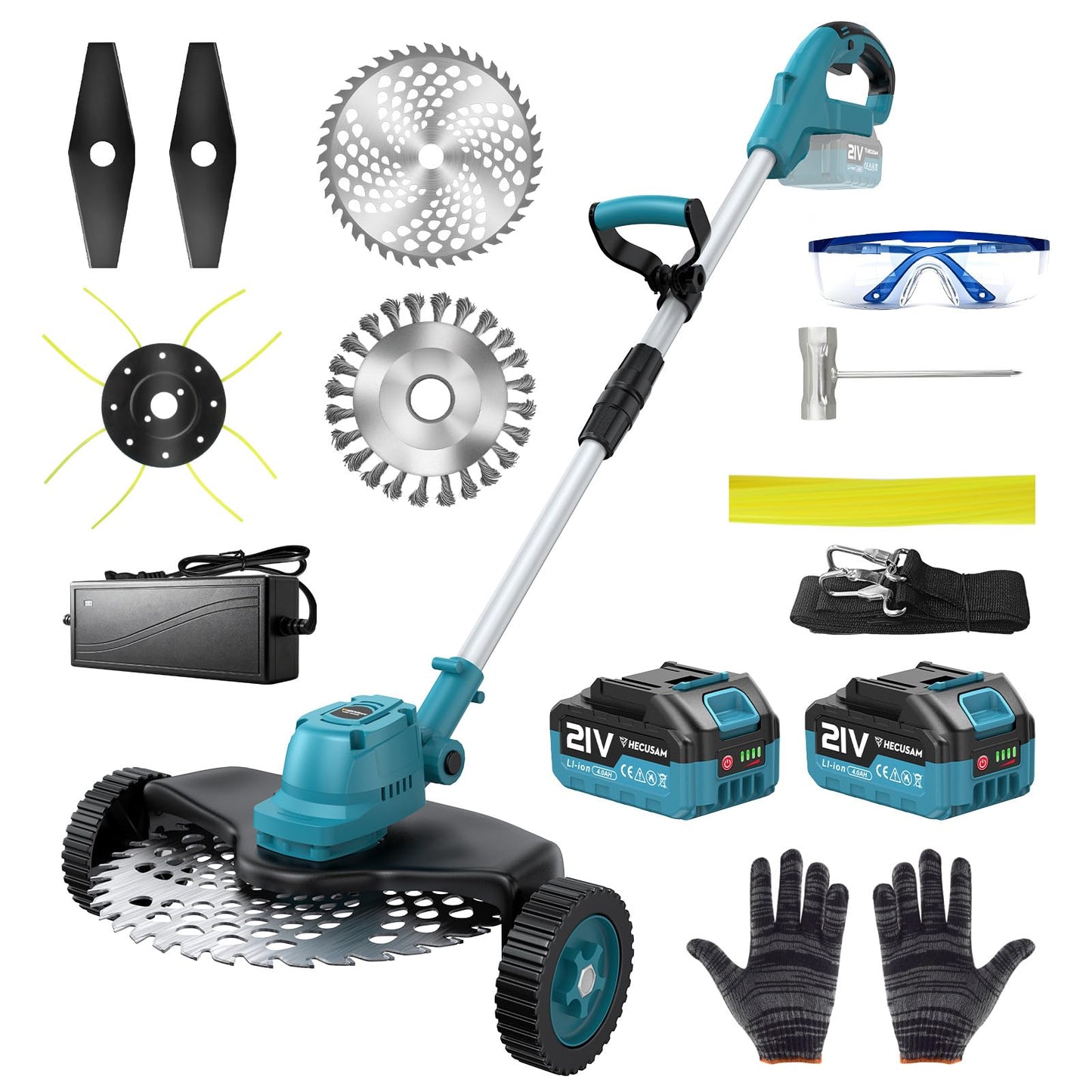 Electric String Trimmer Cordless with Wheel, 1000W Battery Powered Weed Wacker, 2x4.0Ah Batteries, Adjustable Length, 4‑in‑1 Lightweight Grass Trimmer/Brush Cutter/Weed Trimmer/Edger Tool