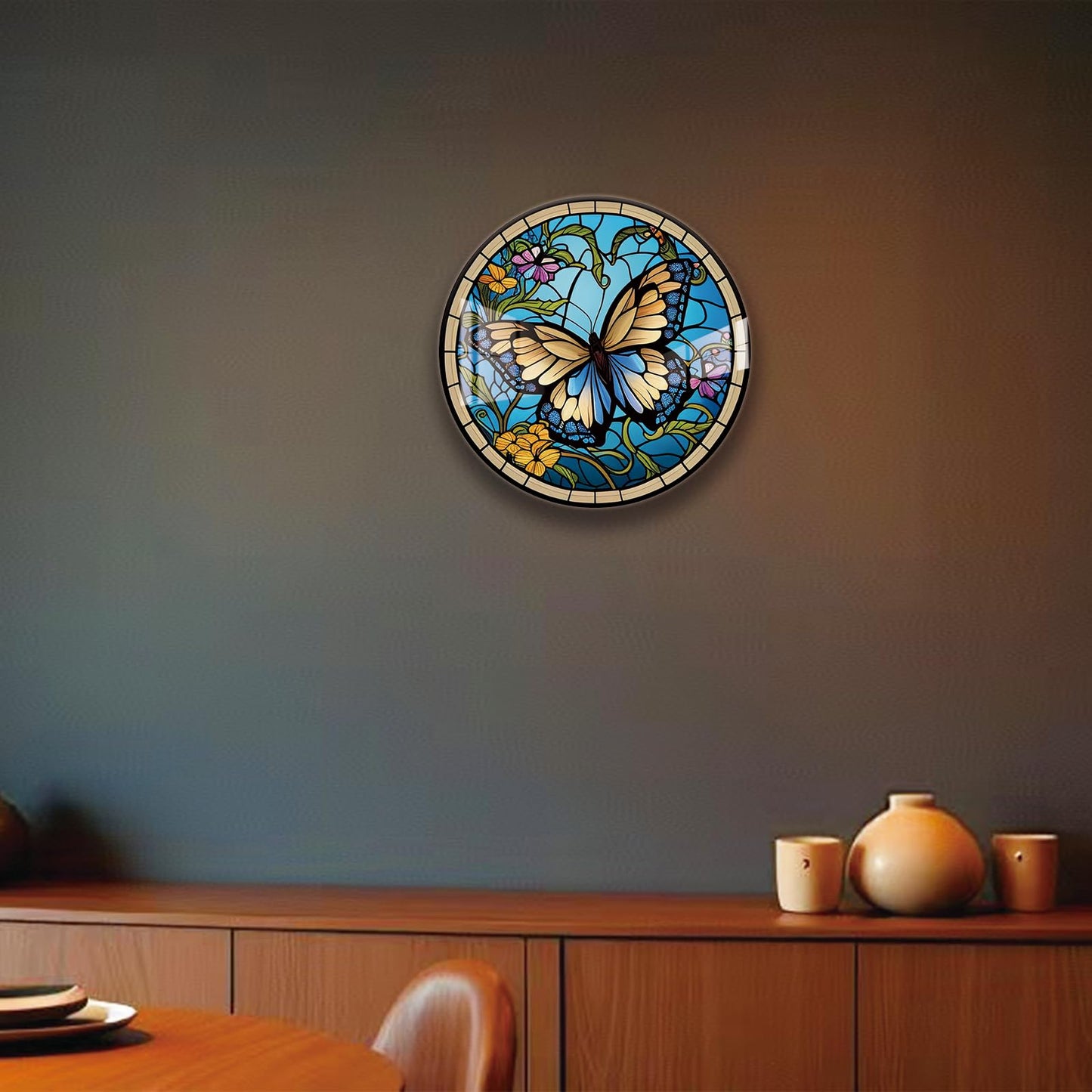 LMSDYSHU Butterflies and Mosaic,Tempered Glass Wall Art,unframed，Easy to clean,18"（45.72cm） Diameter (blue)