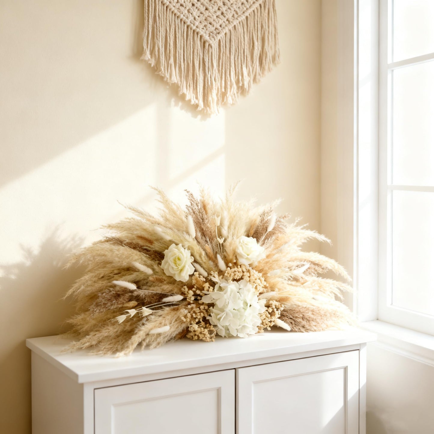 35” Pampas Grass Wall Decor Natural Fluffy Dried Reeds with Bunny Tails Baby Breath Artificial Hydrangea Flowers Large Pampas Easy Install for Home Wedding Arch Entryway Farmhouse Party Boho Decor