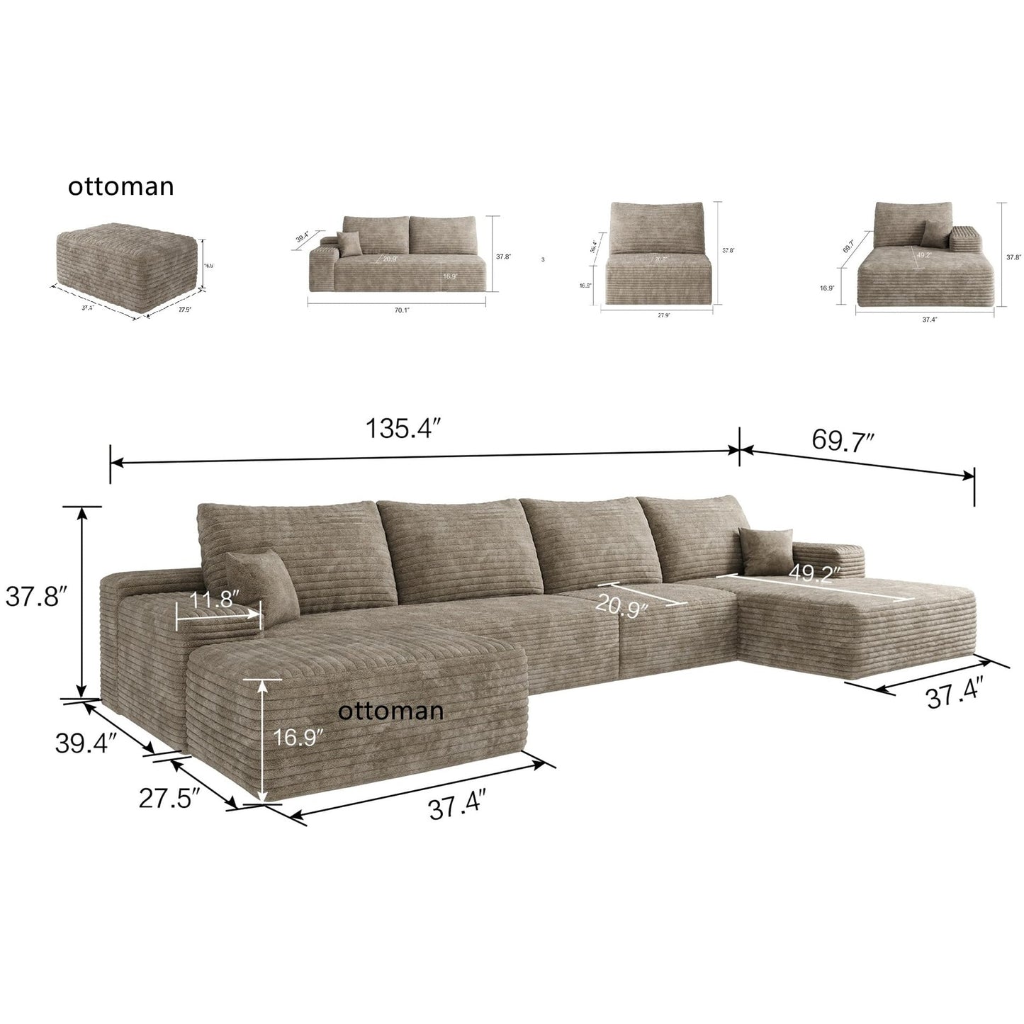 37.4" Rectangle Ottoman Foot Rest for Couch - Corduroy Upholstered Compressed Memory Foam, Cloud Ottoman for Modular Sectional, No Assembly Required, DIY Combination, Camel