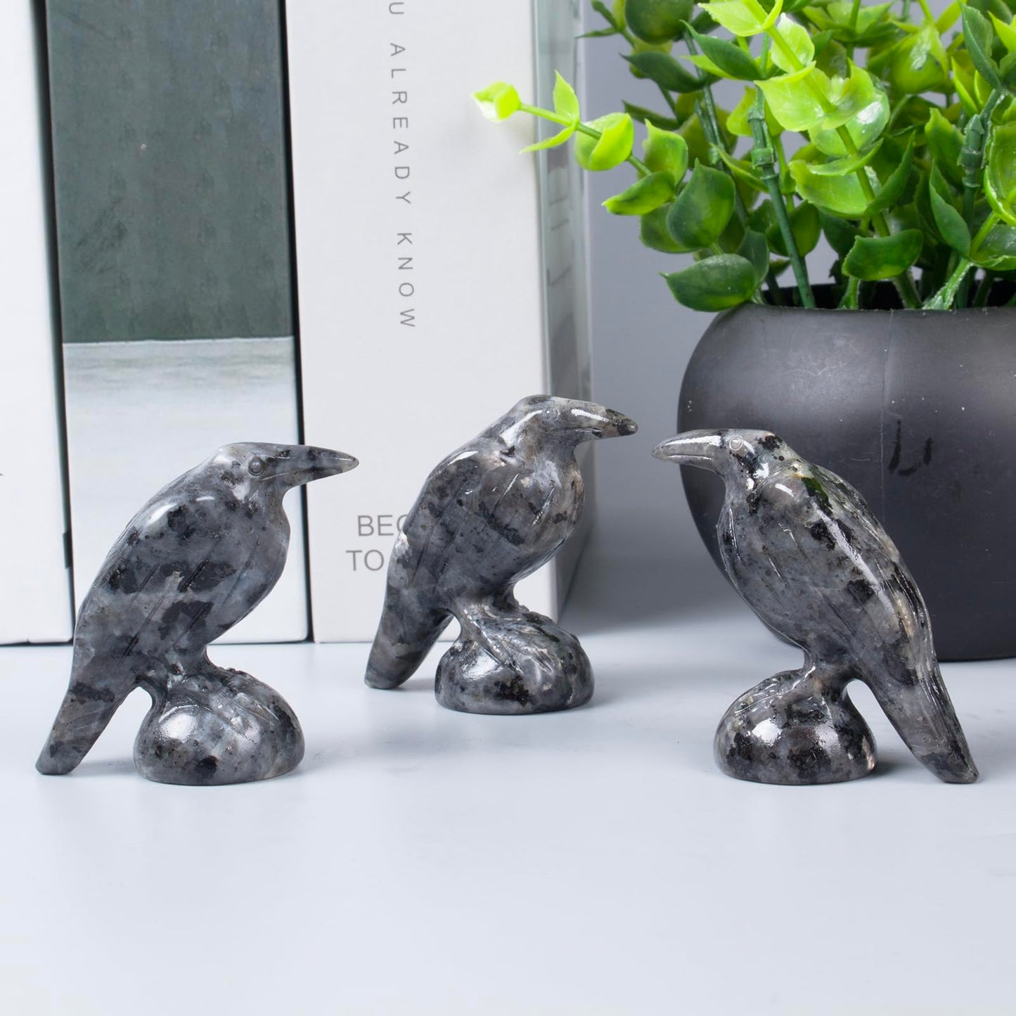 QLRSUXN Natural Shimmer Stone Raven Figurines,2 Inch Healing Crystal Animal Statues,Lucky Guardian Pocket Crow Figurines as Women’s Gifts,Raven Statues for Office Home Decor and Ornament.