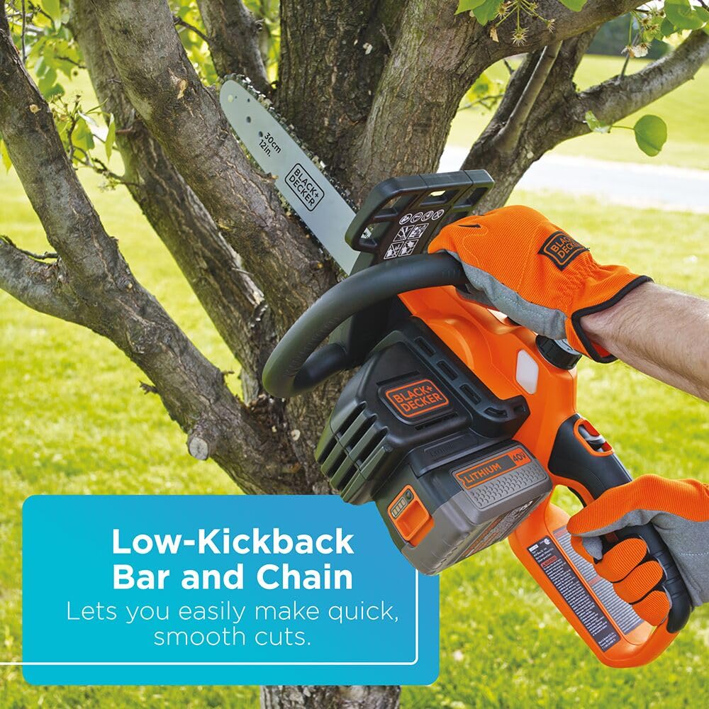 BLACK+DECKER 40V MAX Electric Chainsaw Cordless, 12 Inch Battery Chainsaw, Battery and Charger Included, Longer Runtime, Lightweight Rechargeable (LCS1240)