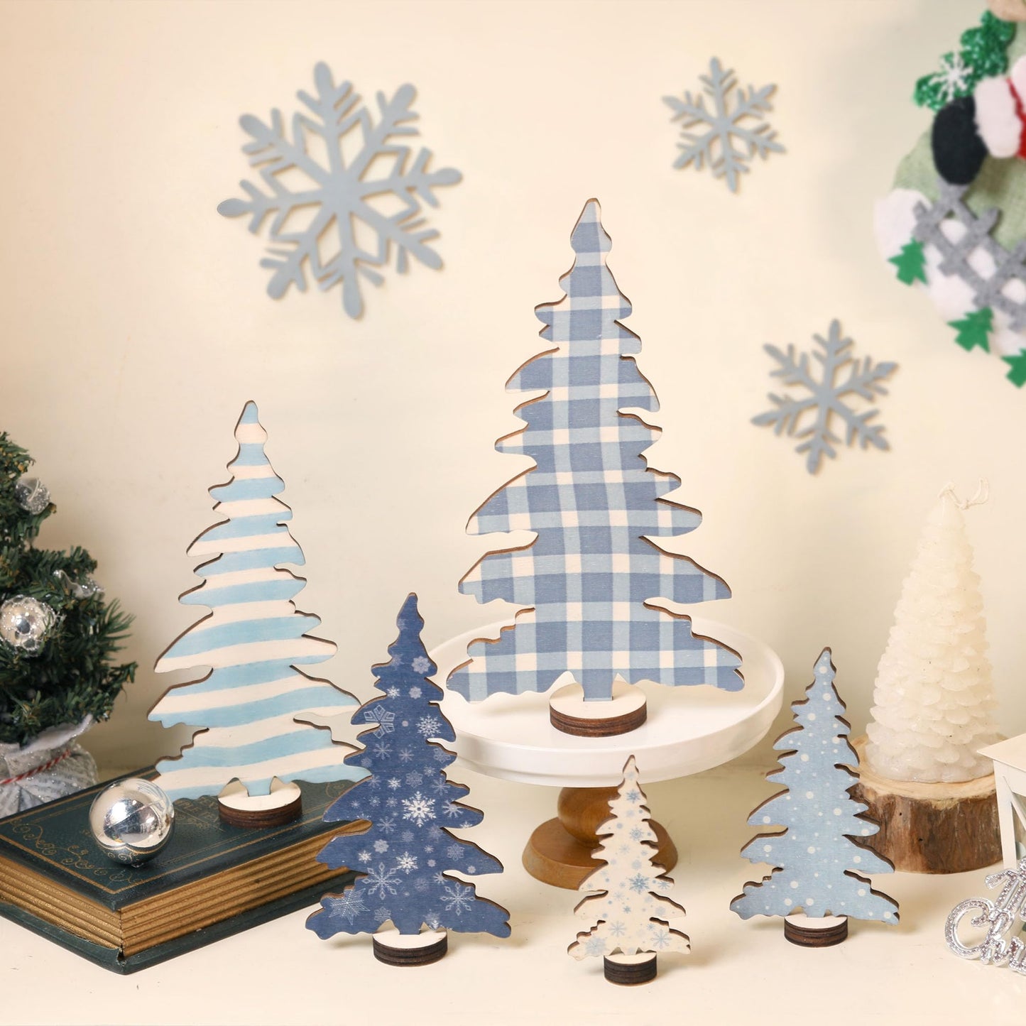 5 Pcs Wooden Christmas Tree Tabletop Decorations, Winter Tiered Tray Decor for Table Shelf Mantel Office, Small Christmas Tree for Farmhouse Table Decor