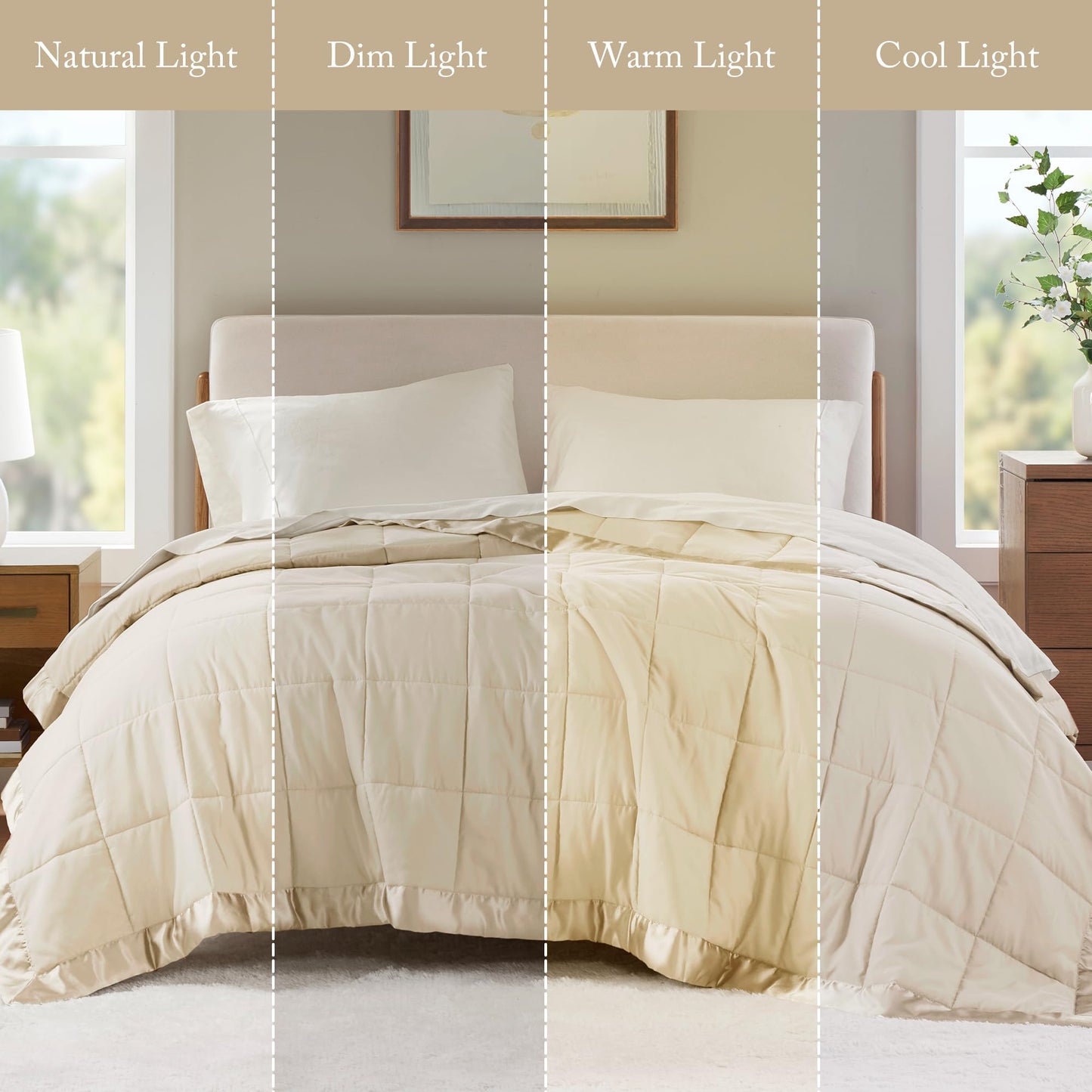 Madison Park Windom Down Alternative Blanket, Premium 3M Scotchgard Moisture Wicking Treatment, Lightweight and Soft Bed Cover For All Season, Satin Trim, Cream Full/Queen