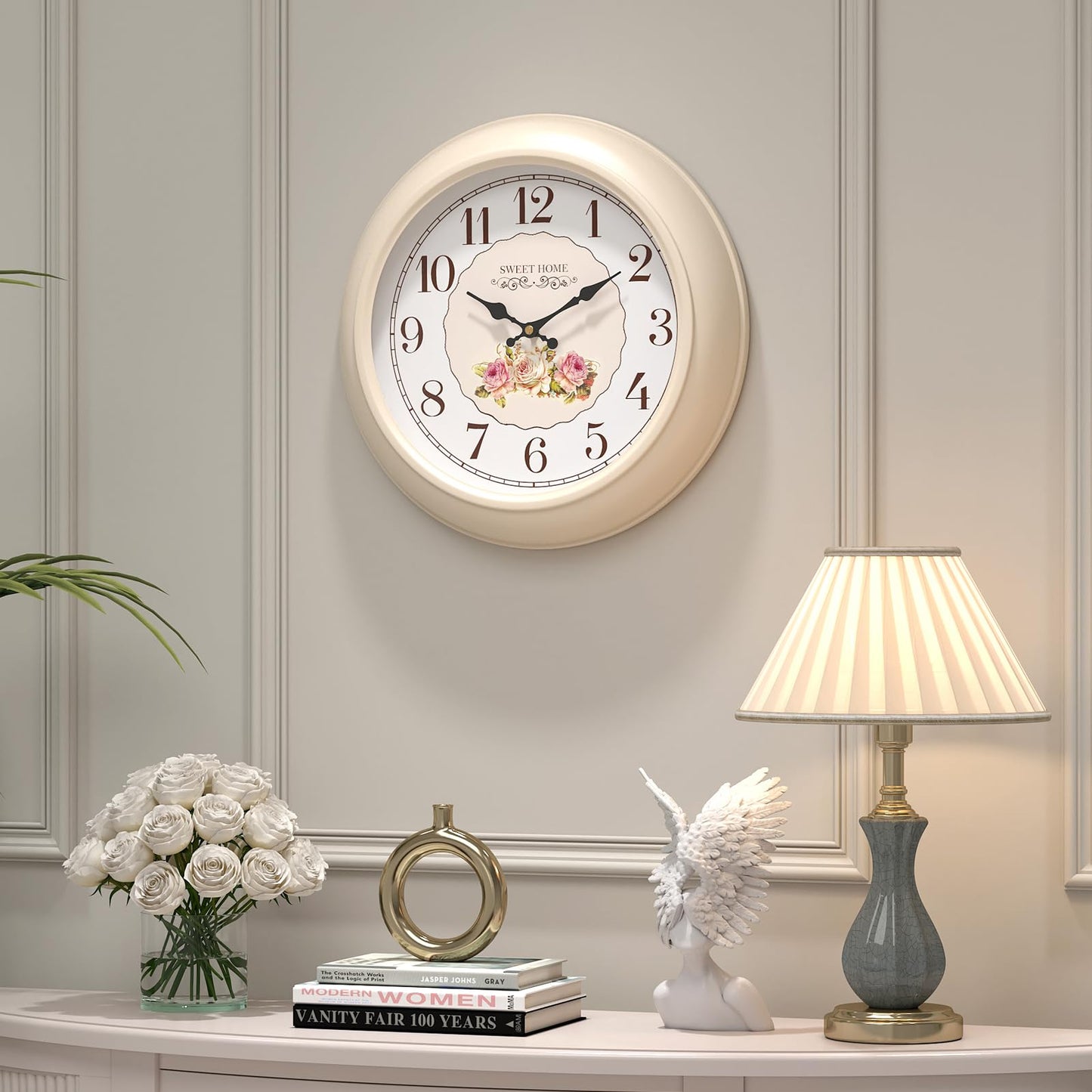 Abdurey Sweet French Rose Style Wall Clock, Battery Operated Silent, Creamy White Decorative Wall Clocks for Living Room, Farmhouse, Bedroom, Bathroom, Dining Room 11.5"