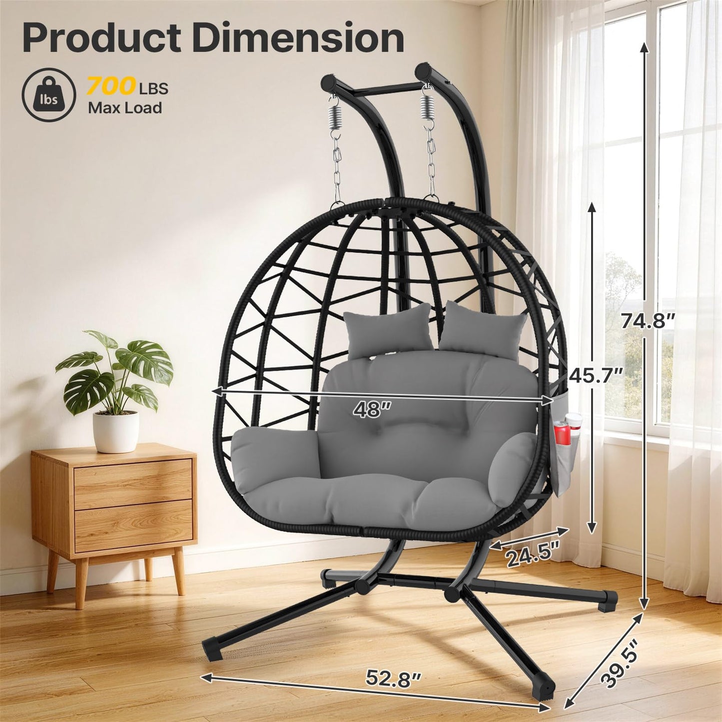 Suteck Double Hanging Egg Chair with Stand, Outdoor Indoor 2 Person Wicker Egg Swing Chair with Cushion, 700lbs Capacity for Patio, Bedroom, Garden - Black