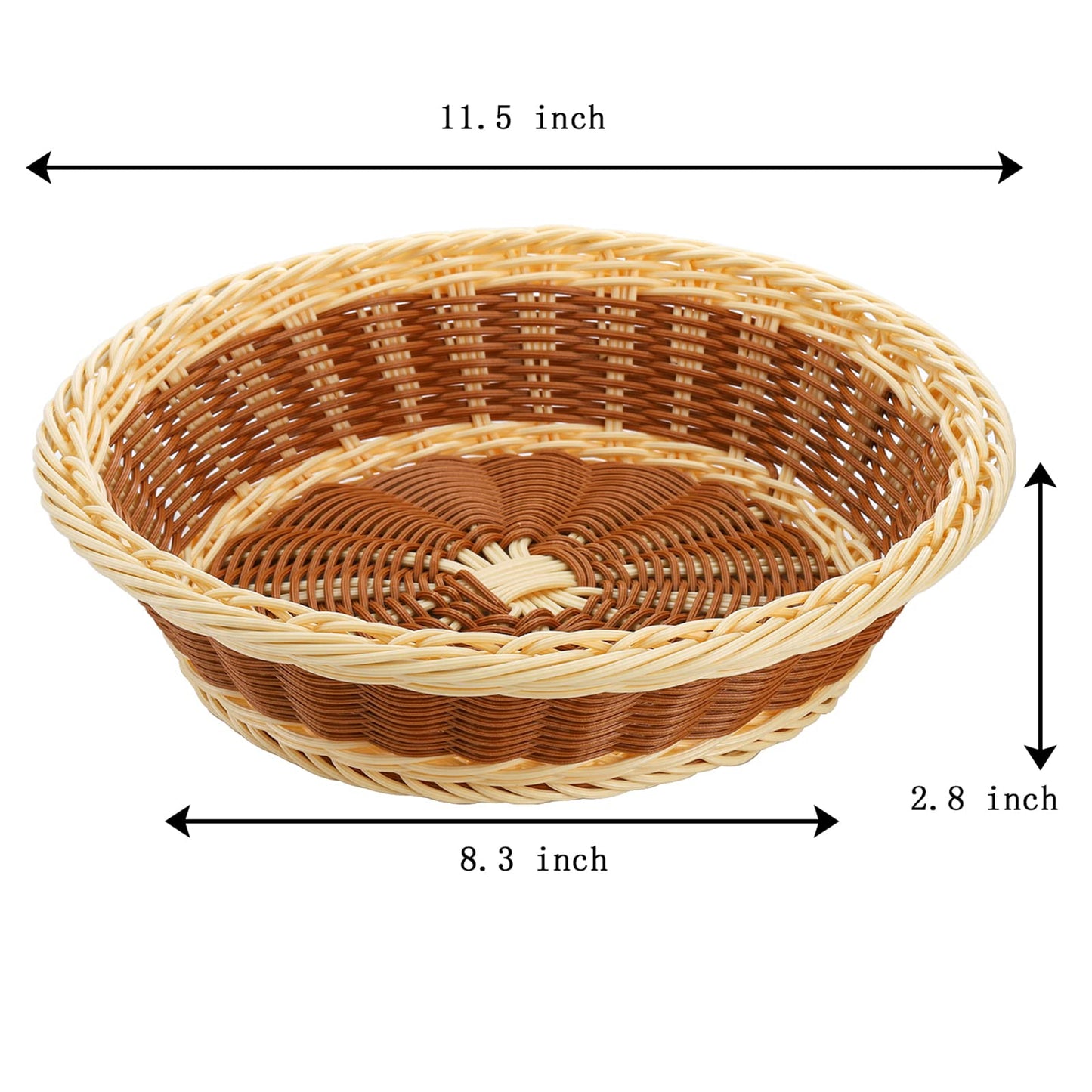 Yarlung 3 Pack Woven Bread Baskets, Plastic Wicker Fruit Baskets 11.5 Inch Round Imitation Rattan Basket, Stackable Food Serving Holder for Kitchen, Restaurant, Outdoor, Brown & Beige
