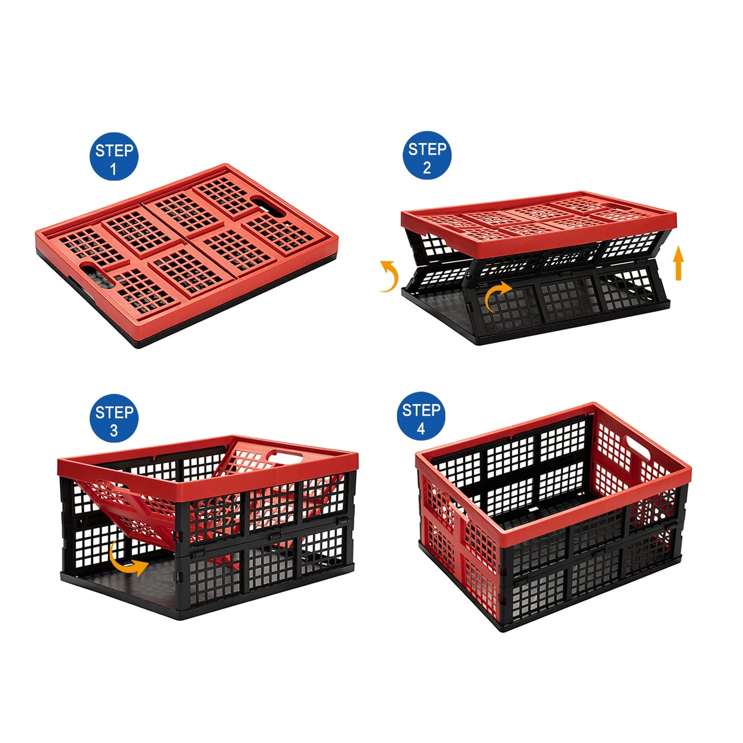 Eslite 34L Large Plastic Folding Storage Crates,Collapsible Crates for Storage,Pack of 3 (Black+Red)