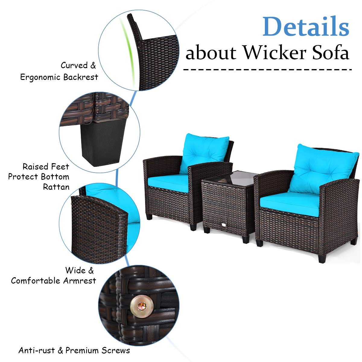 COSTWAY 3PCS Patio Furniture Set, PE Rattan Wicker Sofa w/Washable Cushion and Coffee Table, Tempered Glass Tabletop, Outdoor Conversation Set for Balcony, Porch, Yard, Backyard, Lawn, Turquoise