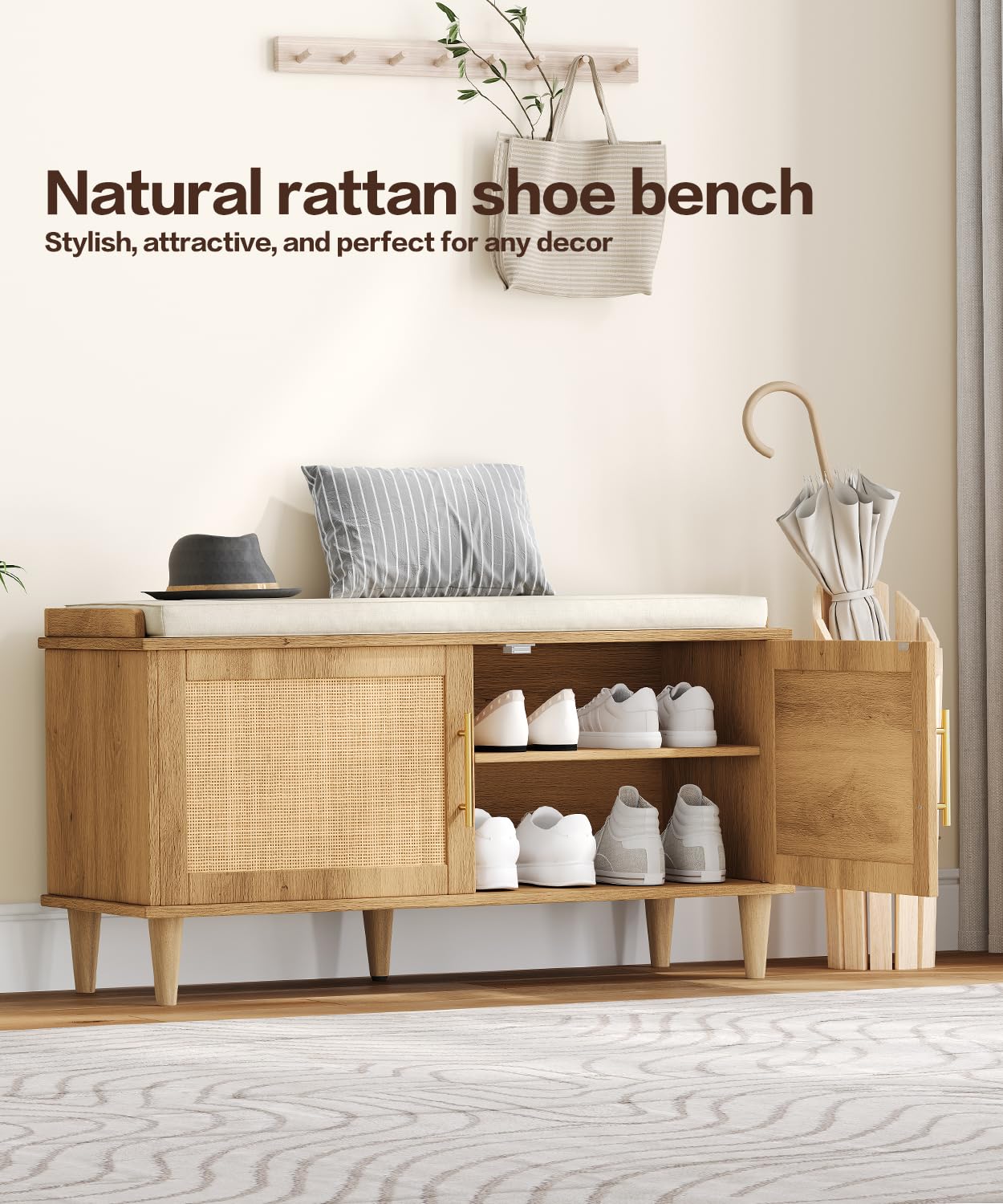 Akxomel Rattan Shoe Storage Bench with Cushion, 2-Tier Entryway Bench with Adjustable Shelves and 2 Doors, 15" D x 39.4" W x 20" H, Solid Wood Legs, for Hallway, Living Room, Bedroom, Natural Oak