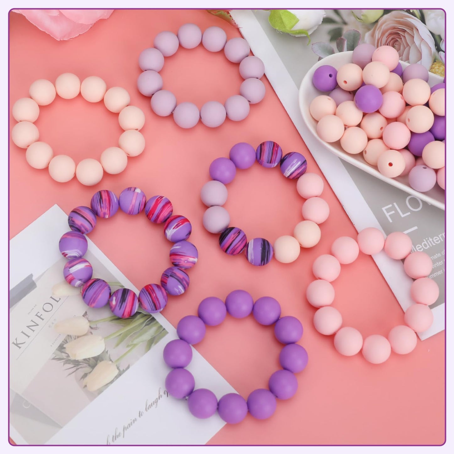 SALUOKE 100 Pcs 15mm Silicone Beads for Keychain Making, Pink Gream Silicone Beads Bulk Round for Bracelets Pens Crafts Jewelry Making (Pink Purple)